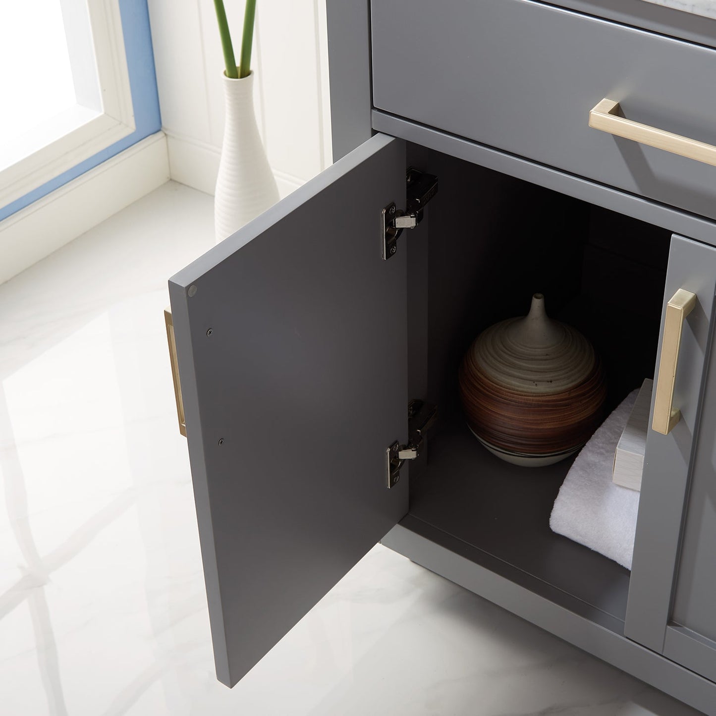 Ivy 30" Single Bathroom Vanity Set in Gray and Carrara White Marble Countertop with Mirror
