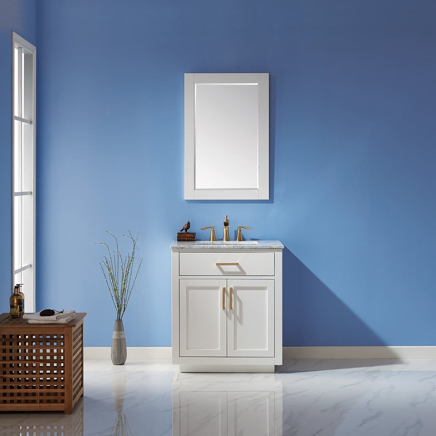 Ivy 30" Single Bathroom Vanity Set in White and Carrara White Marble Countertop with Mirror