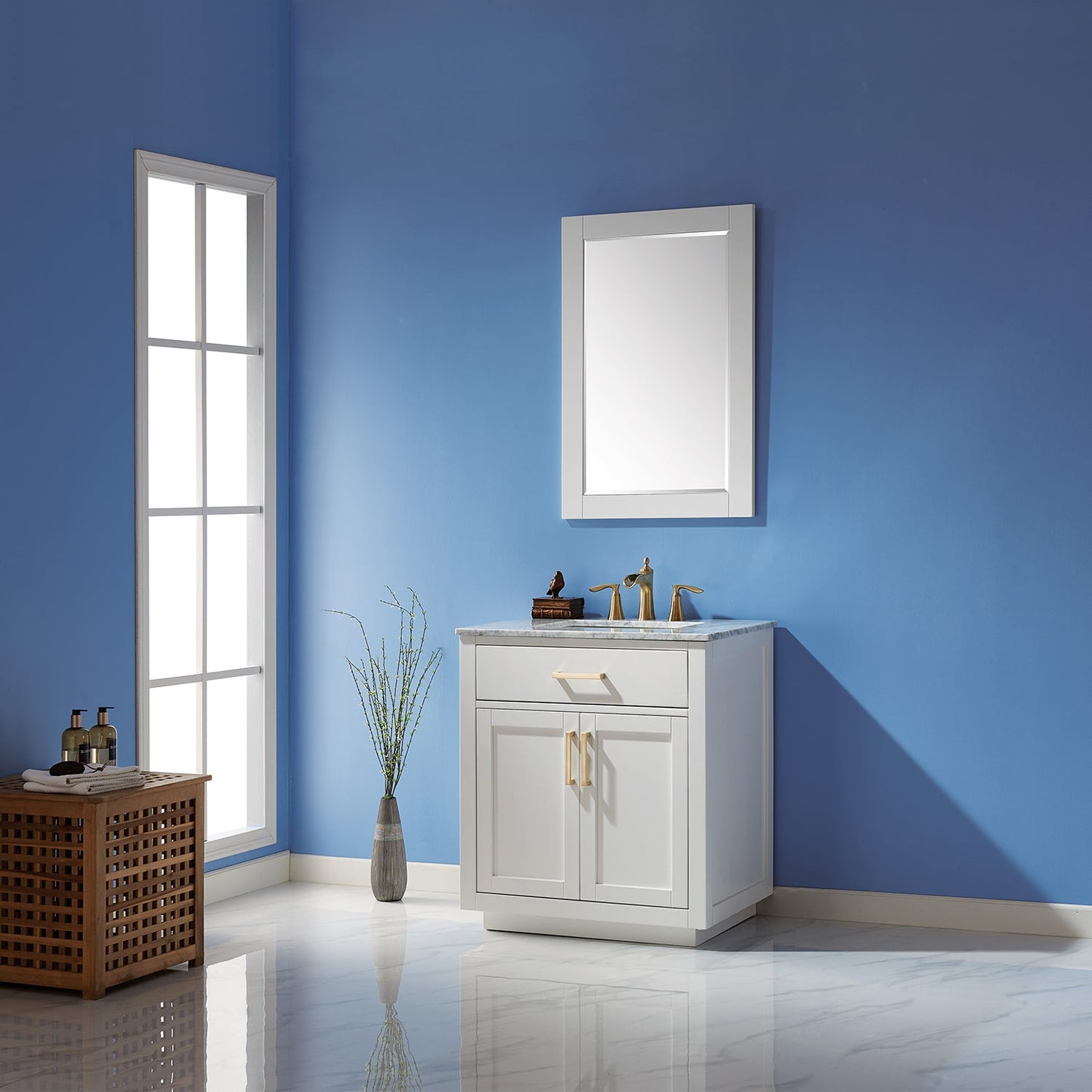 Ivy 30" Single Bathroom Vanity Set in White and Carrara White Marble Countertop with Mirror