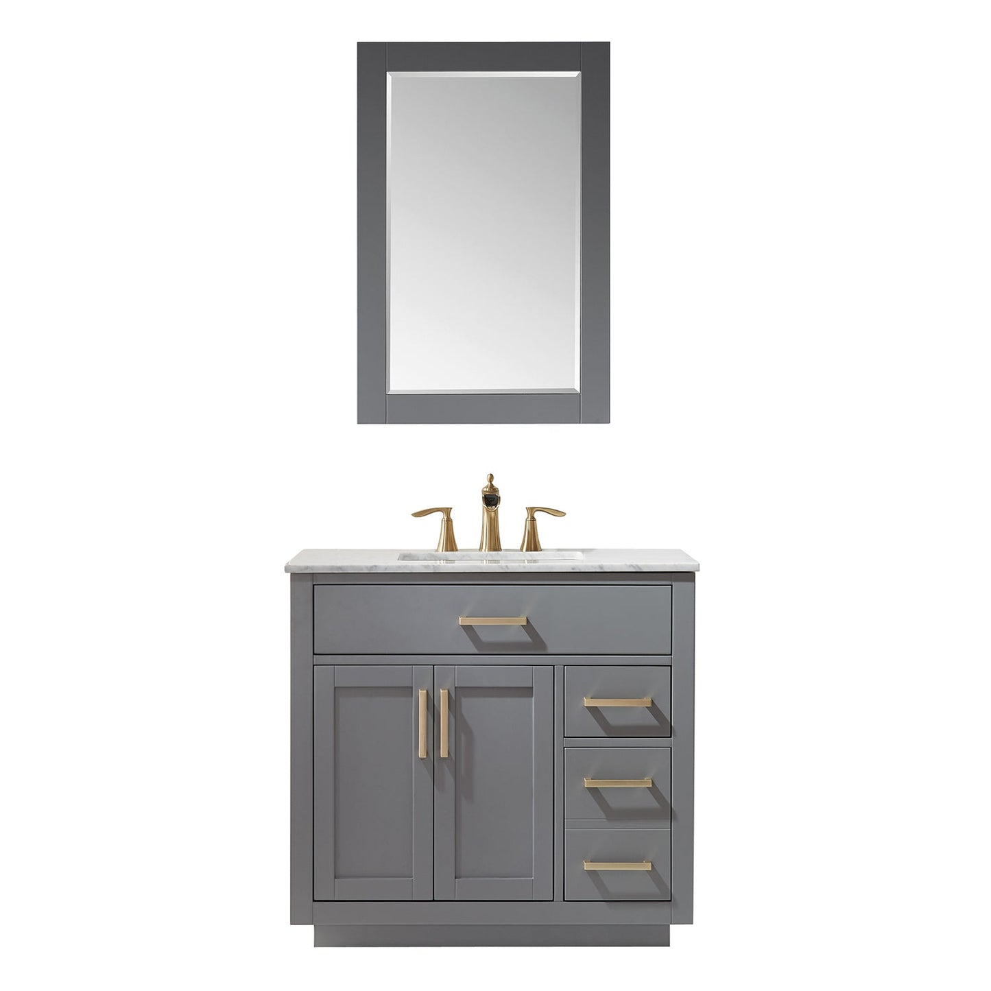 Ivy 36" Single Bathroom Vanity Set in Gray and Carrara White Marble Countertop with Mirror