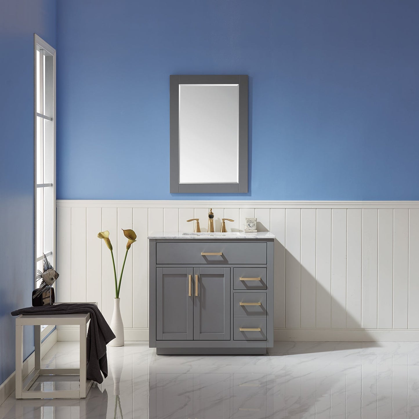 Ivy 36" Single Bathroom Vanity Set in Gray and Carrara White Marble Countertop with Mirror