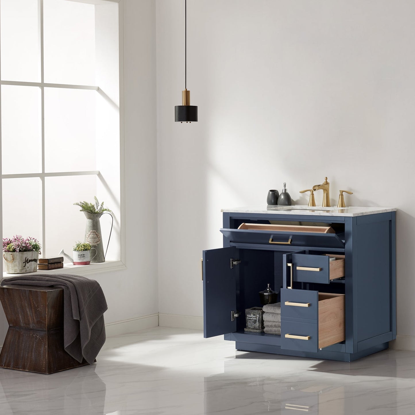 Ivy 36" Single Bathroom Vanity Set in Royal Blue and Carrara White Marble Countertop without Mirror