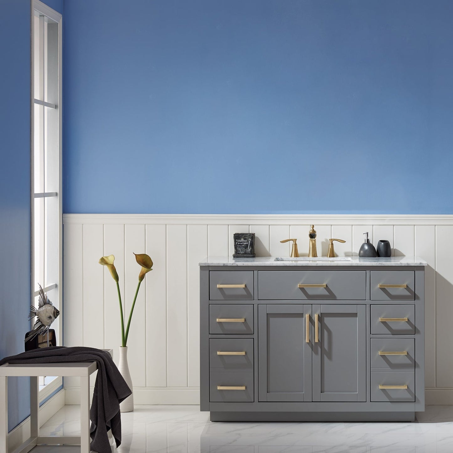 Ivy 48" Single Bathroom Vanity Set in Gray and Carrara White Marble Countertop without Mirror
