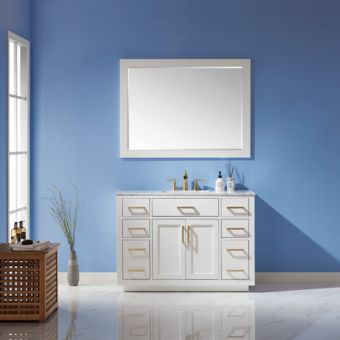 Ivy 48" Single Bathroom Vanity Set in White and Carrara White Marble Countertop with Mirror
