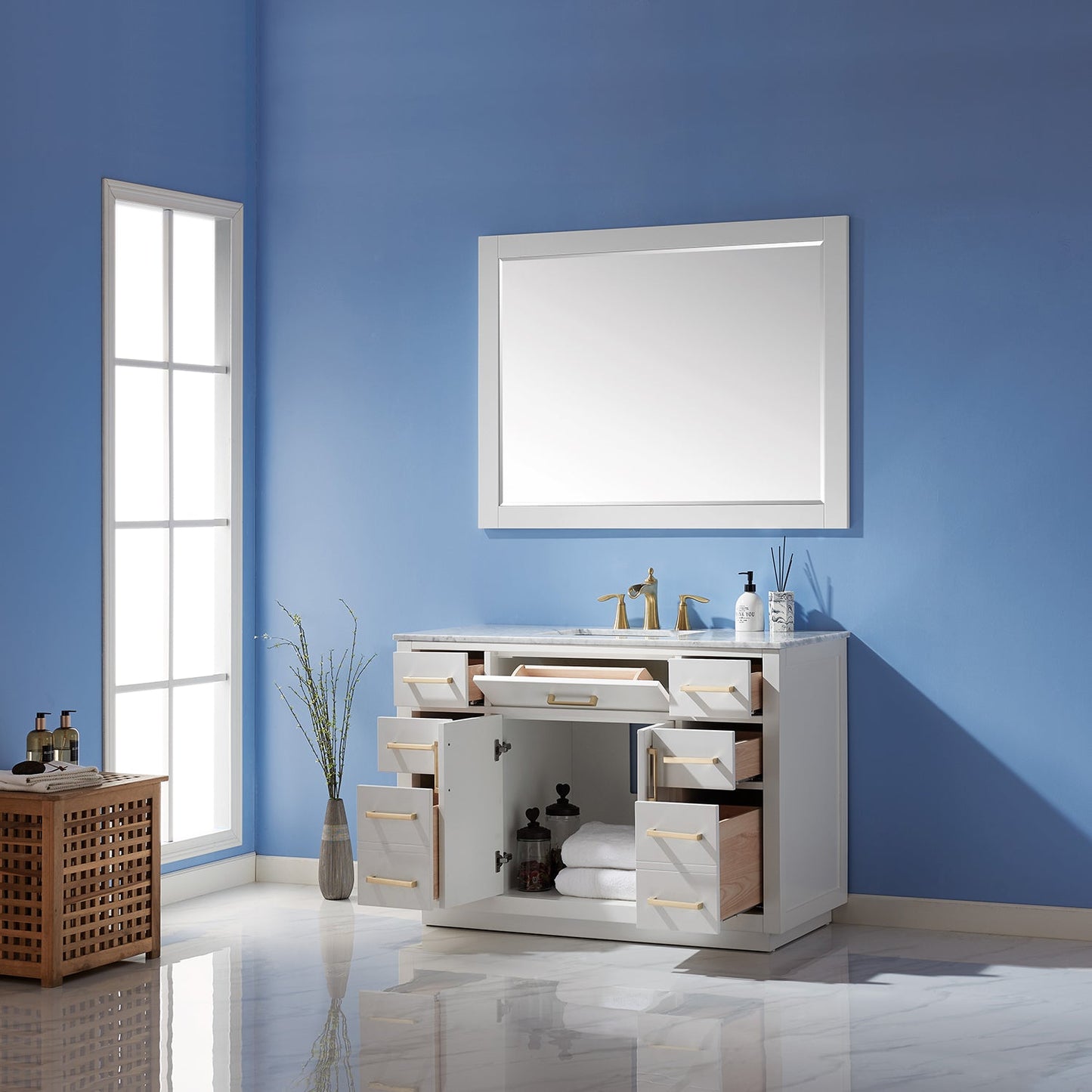 Ivy 48" Single Bathroom Vanity Set in White and Carrara White Marble Countertop with Mirror