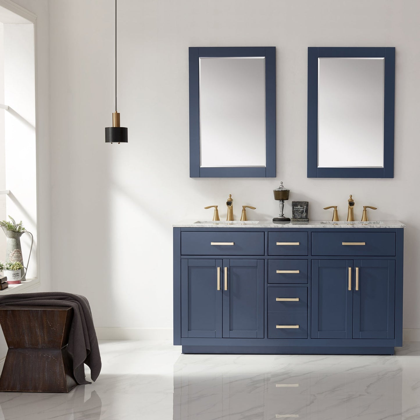 Ivy 60" Double Bathroom Vanity Cabinet Only in Royal Blue and Mirror, without Countertop