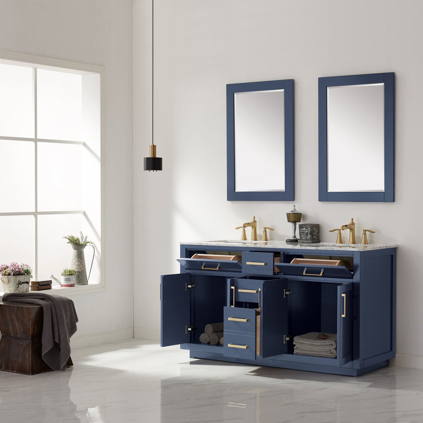 Ivy 60" Double Bathroom Vanity Cabinet Only in Royal Blue and Mirror, without Countertop