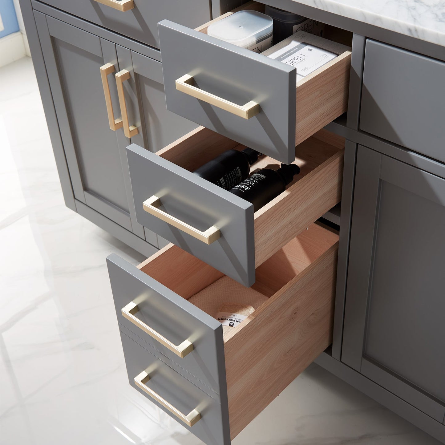 Ivy 60" Double Bathroom Vanity Set in Gray and Carrara White Marble Countertop without Mirror
