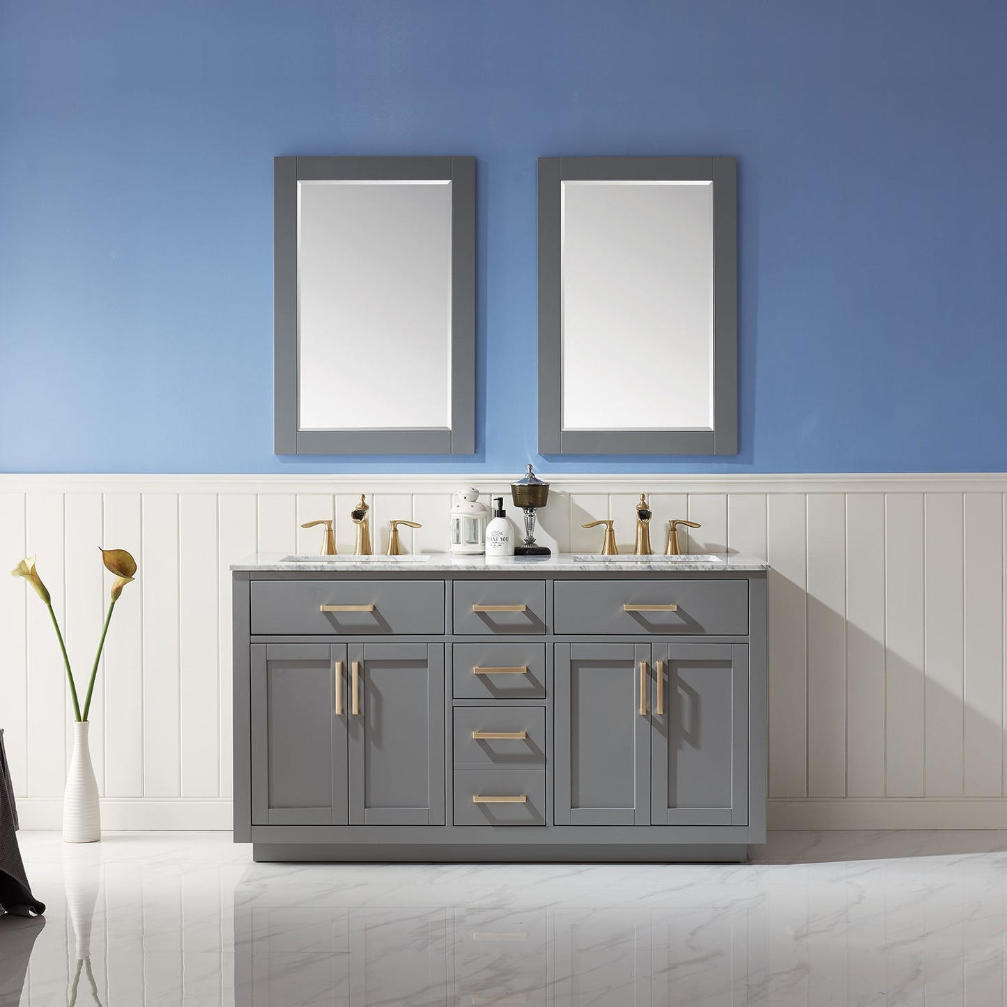 Ivy 60" Double Bathroom Vanity Set in Gray and Carrara White Marble Countertop with Mirror
