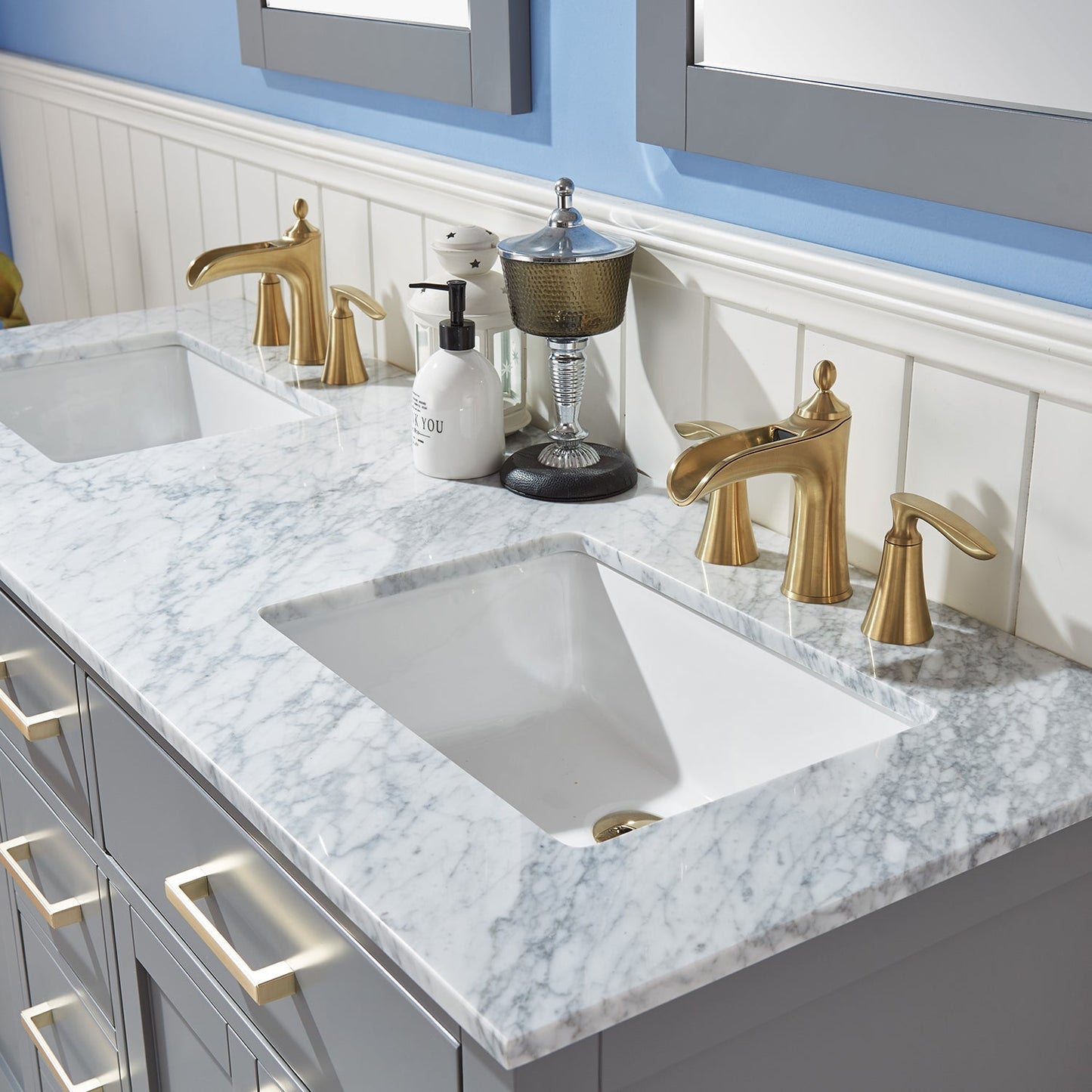 Ivy 60" Double Bathroom Vanity Set in Gray and Carrara White Marble Countertop with Mirror