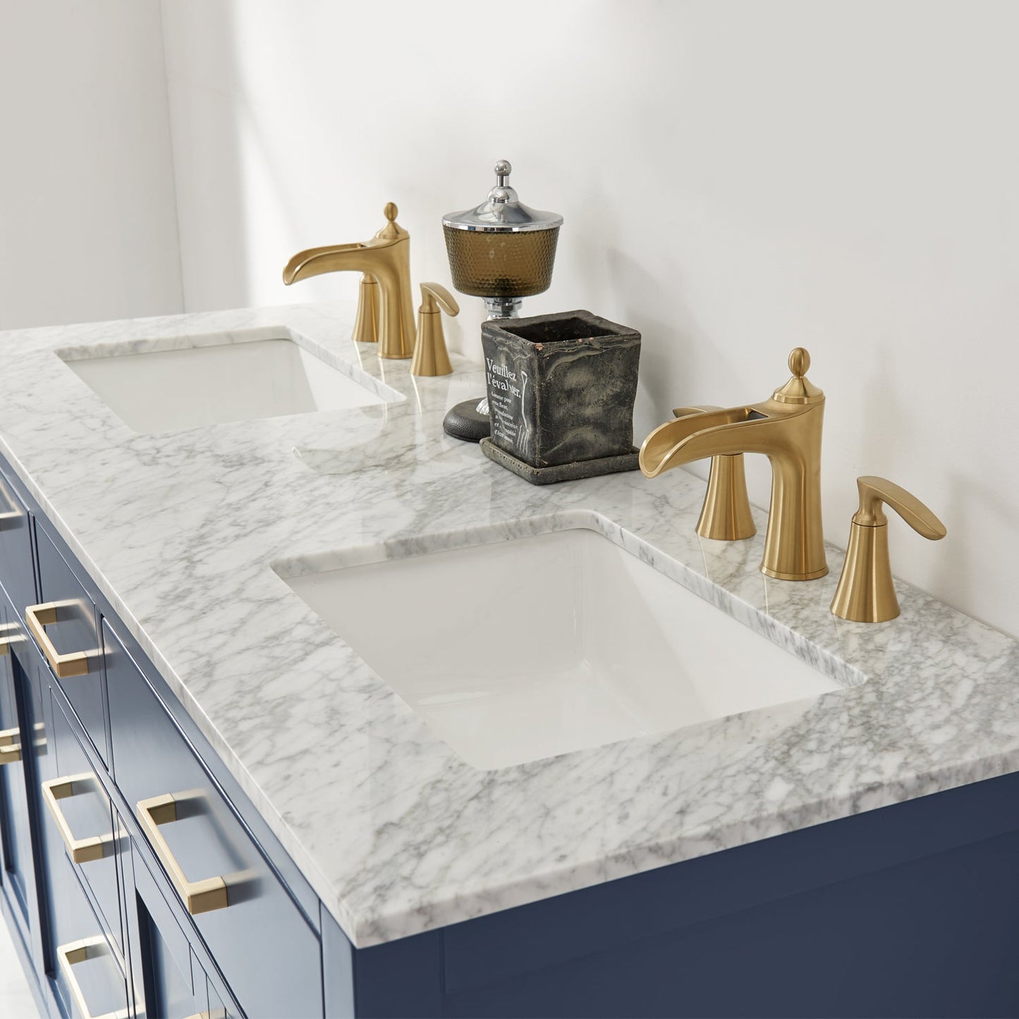 Ivy 60" Double Bathroom Vanity Set in Royal Blue and Carrara White Marble Countertop without Mirror
