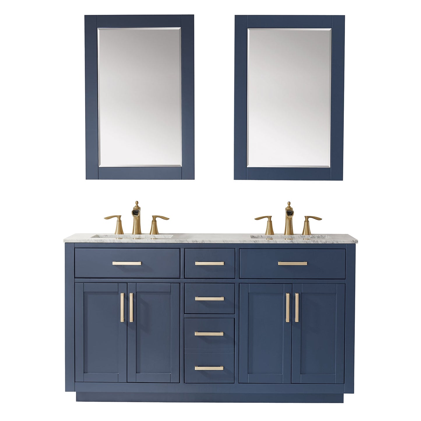 Ivy 60" Double Bathroom Vanity Set in Royal Blue and Carrara White Marble Countertop with Mirror