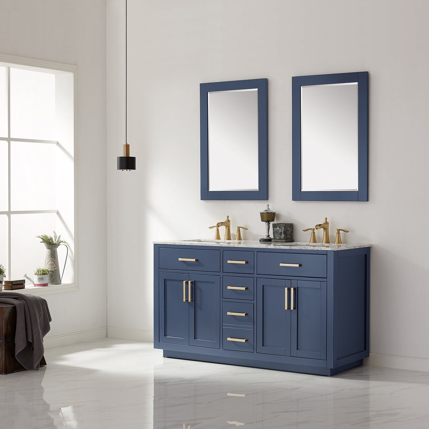 Ivy 60" Double Bathroom Vanity Set in Royal Blue and Carrara White Marble Countertop with Mirror