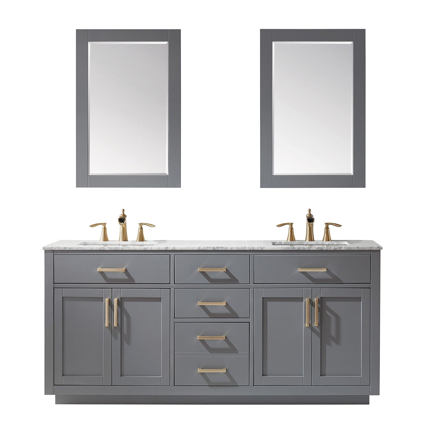 Ivy 72" Double Bathroom Vanity Set in Gray and Carrara White Marble Countertop with Mirror