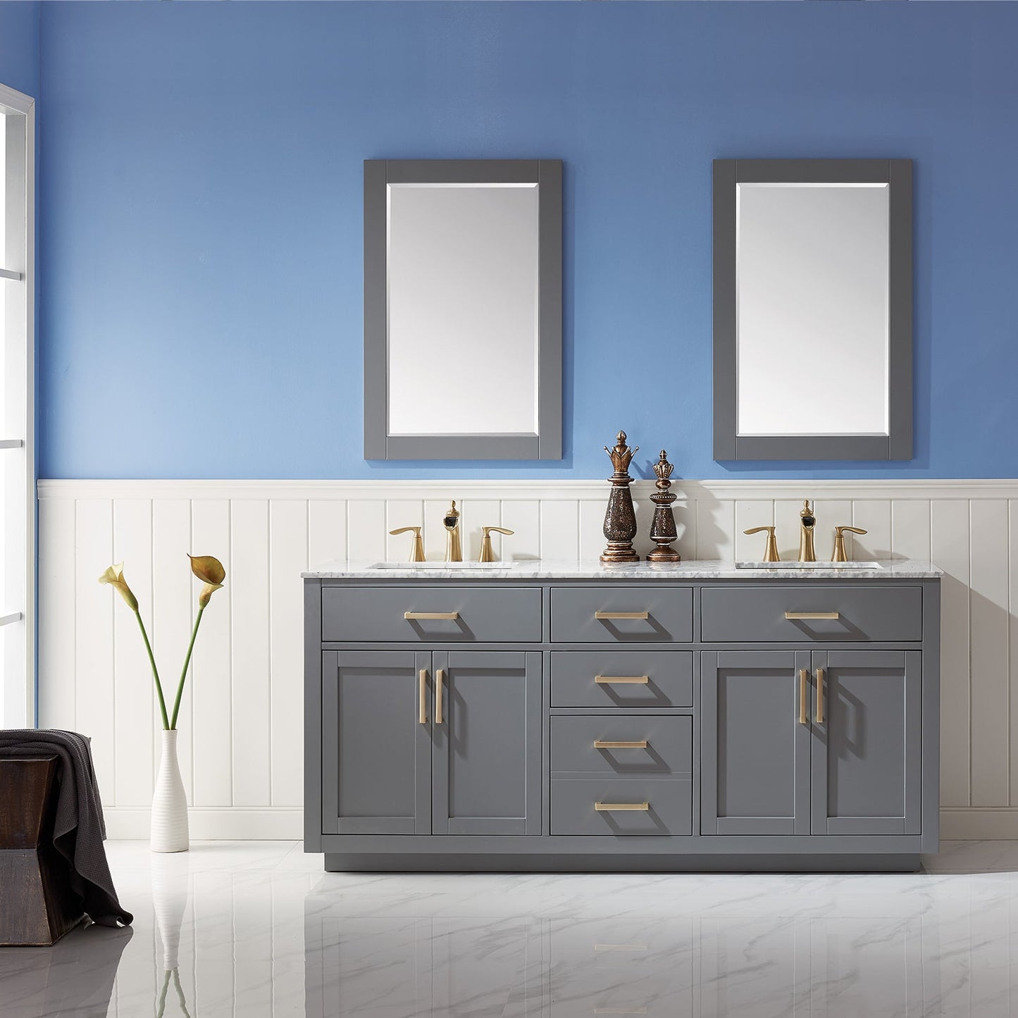 Ivy 72" Double Bathroom Vanity Set in Gray and Carrara White Marble Countertop with Mirror