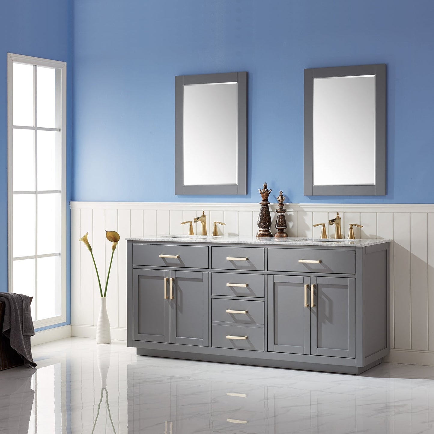Ivy 72" Double Bathroom Vanity Set in Gray and Carrara White Marble Countertop with Mirror