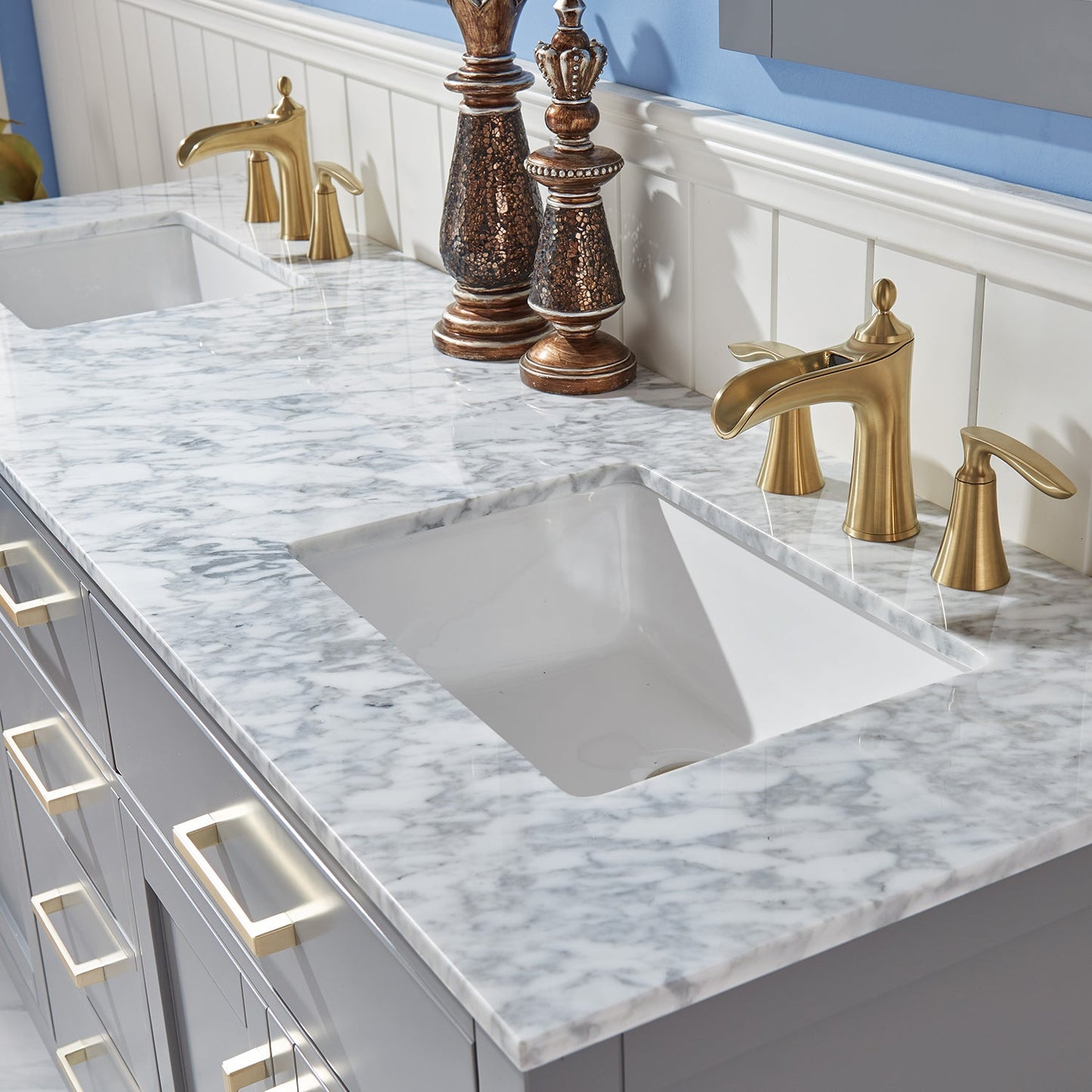 Ivy 72" Double Bathroom Vanity Set in Gray and Carrara White Marble Countertop with Mirror