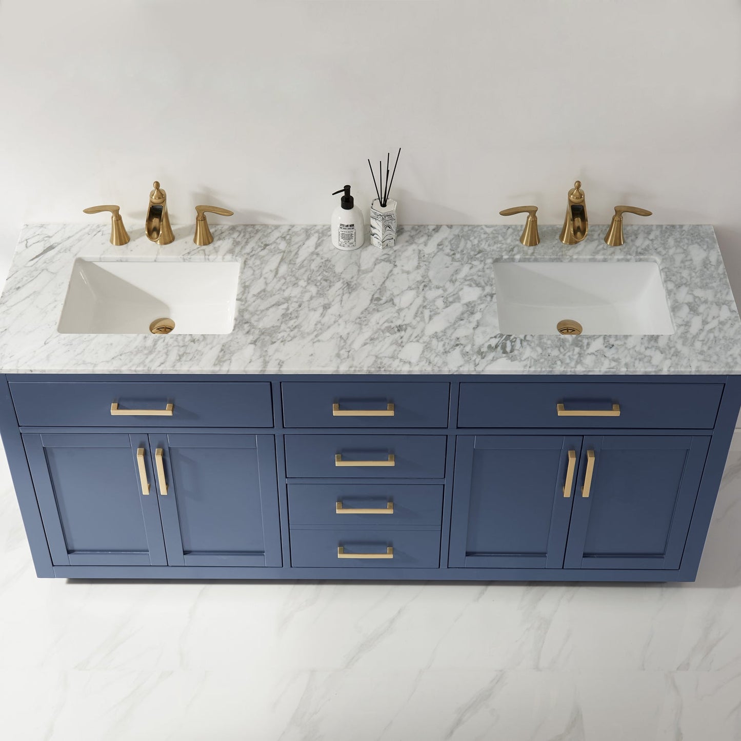 Ivy 72" Double Bathroom Vanity Set in Royal Blue and Carrara White Marble Countertop without Mirror