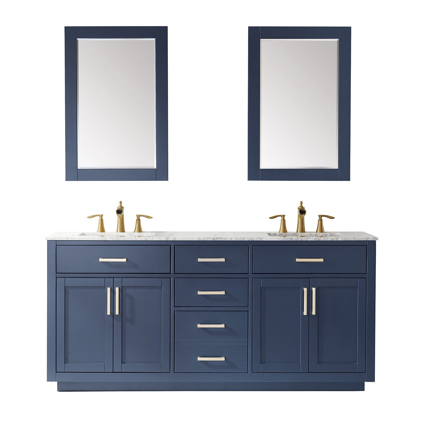 Ivy 72" Double Bathroom Vanity Set in Royal Blue and Carrara White Marble Countertop with Mirror