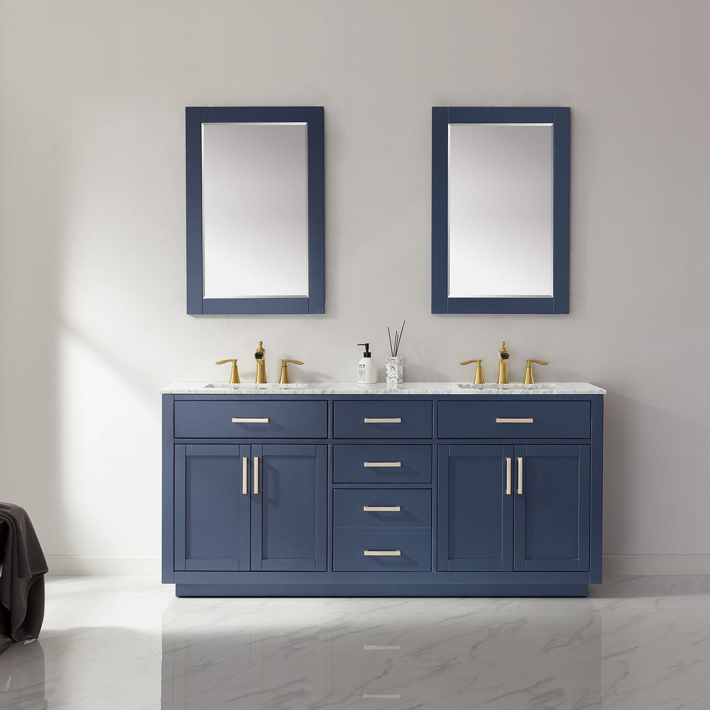 Ivy 72" Double Bathroom Vanity Set in Royal Blue and Carrara White Marble Countertop with Mirror