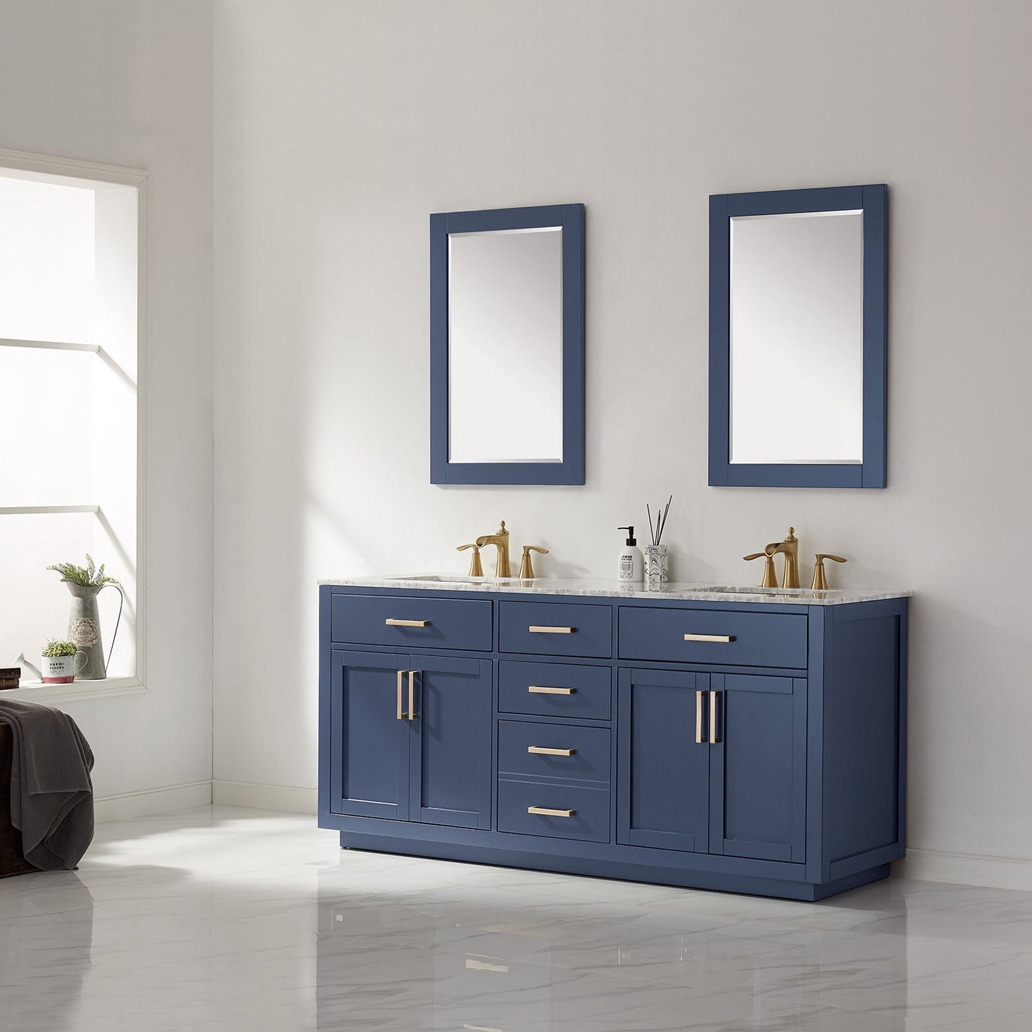 Ivy 72" Double Bathroom Vanity Set in Royal Blue and Carrara White Marble Countertop with Mirror