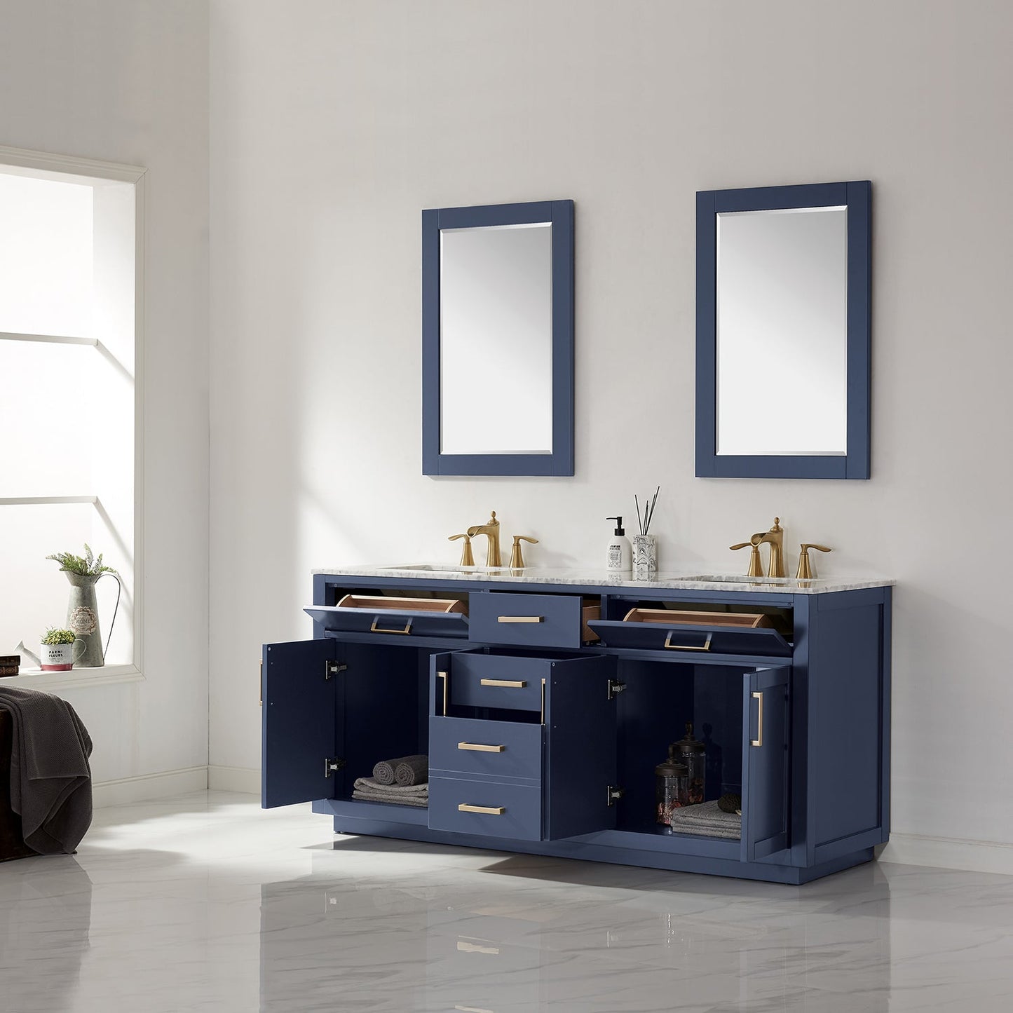 Ivy 72" Double Bathroom Vanity Set in Royal Blue and Carrara White Marble Countertop with Mirror