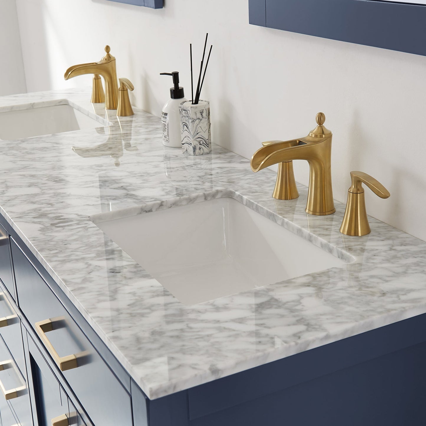 Ivy 72" Double Bathroom Vanity Set in Royal Blue and Carrara White Marble Countertop with Mirror