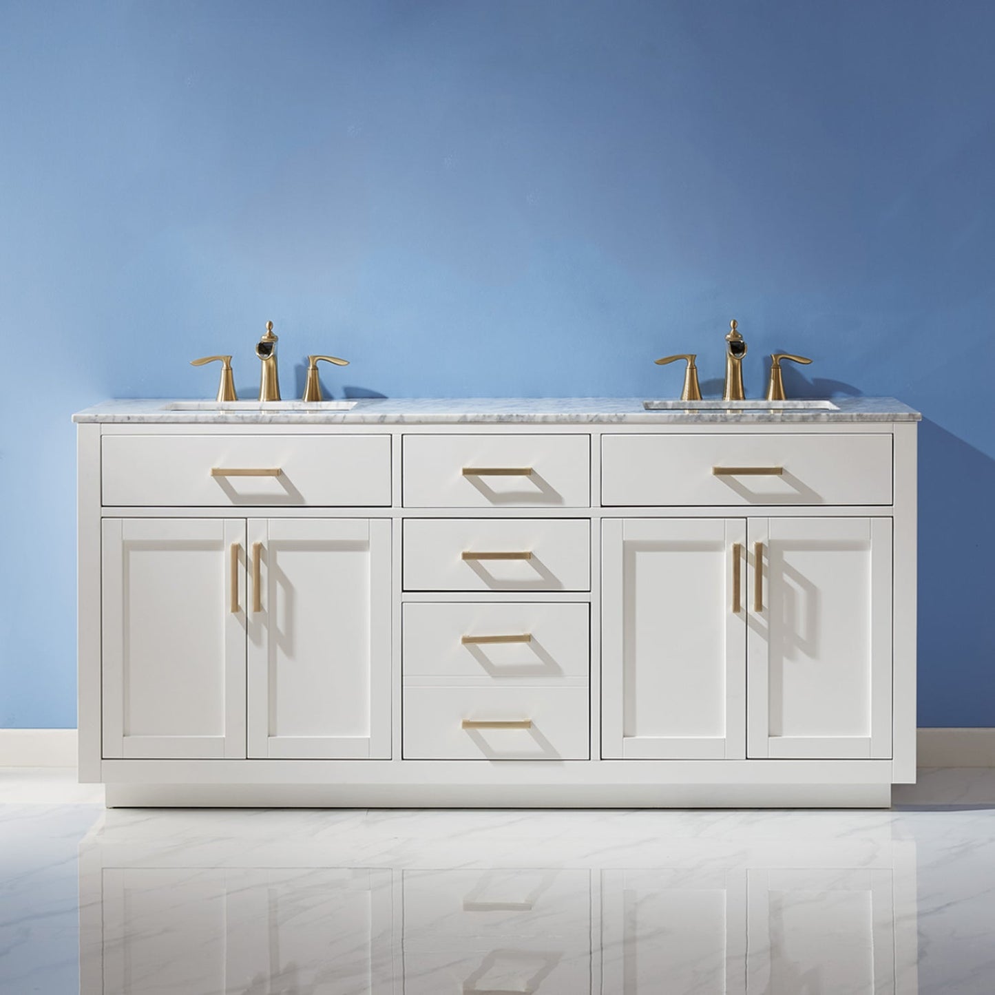 Ivy 72" Double Bathroom Vanity Set in White and Carrara White Marble Countertop without Mirror