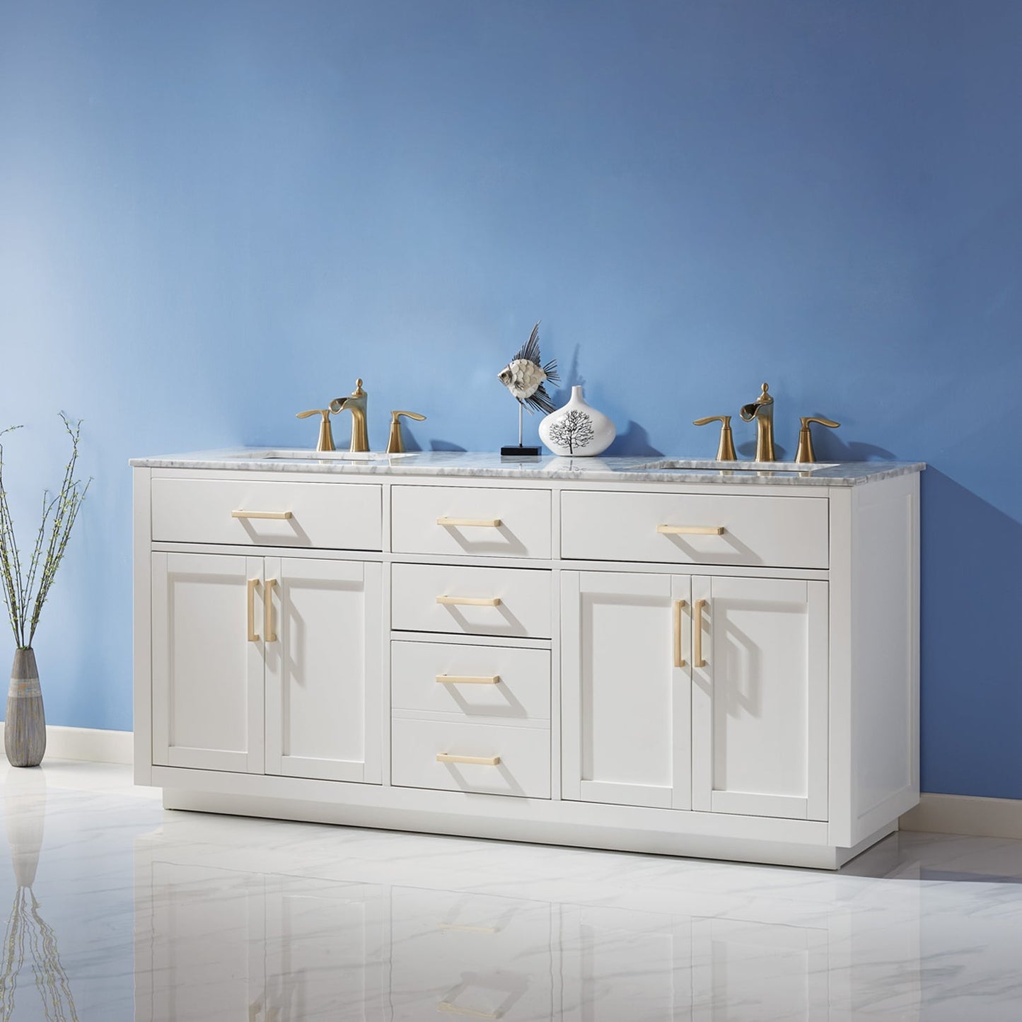 Ivy 72" Double Bathroom Vanity Set in White and Carrara White Marble Countertop without Mirror