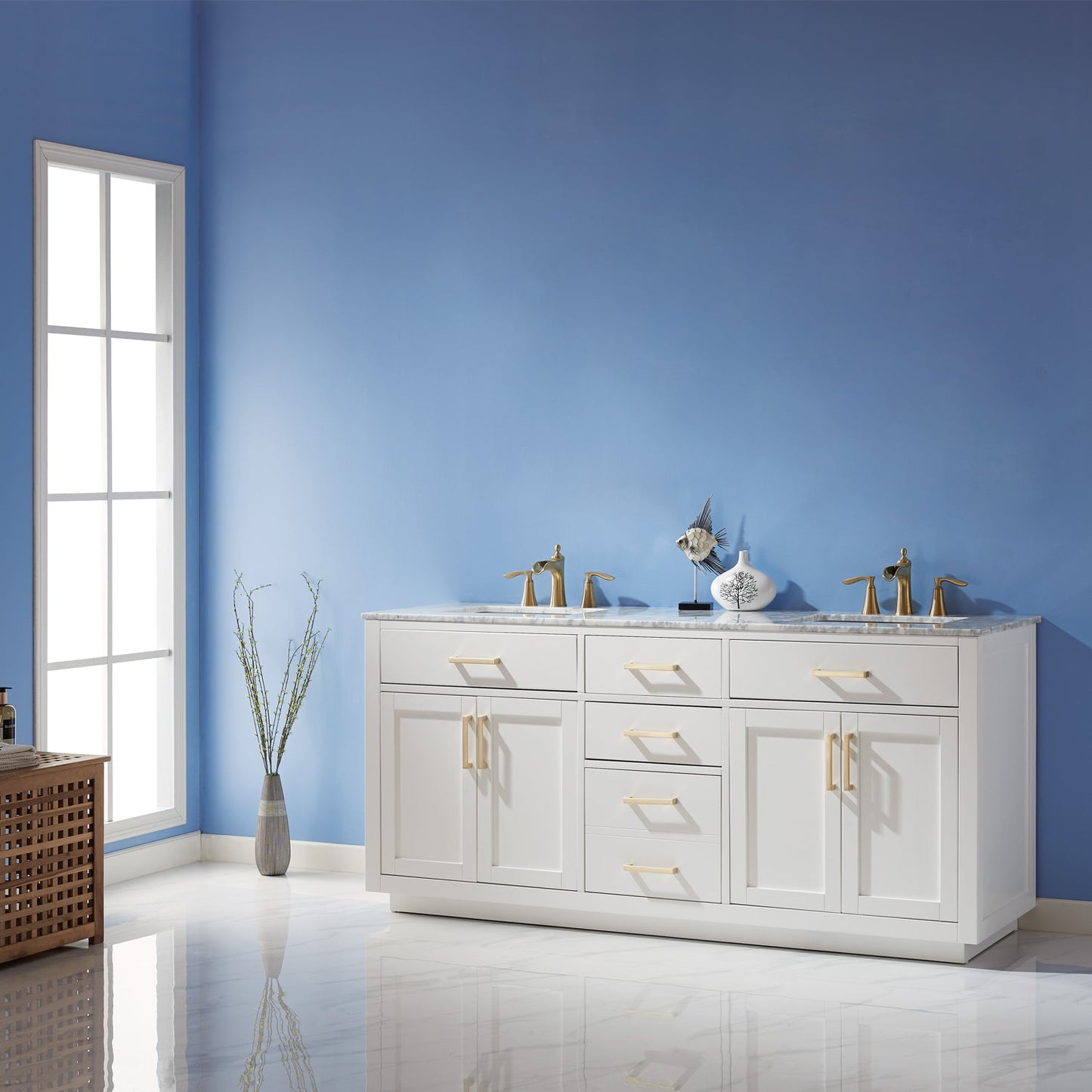 Ivy 72" Double Bathroom Vanity Set in White and Carrara White Marble Countertop without Mirror