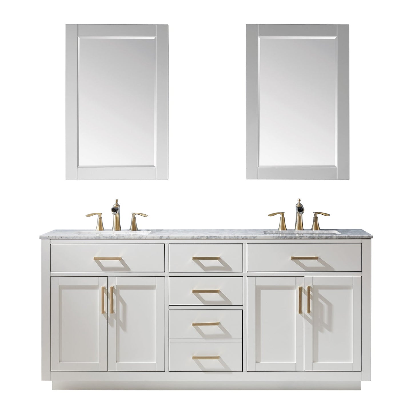 Ivy 72" Double Bathroom Vanity Set in White and Carrara White Marble Countertop with Mirror