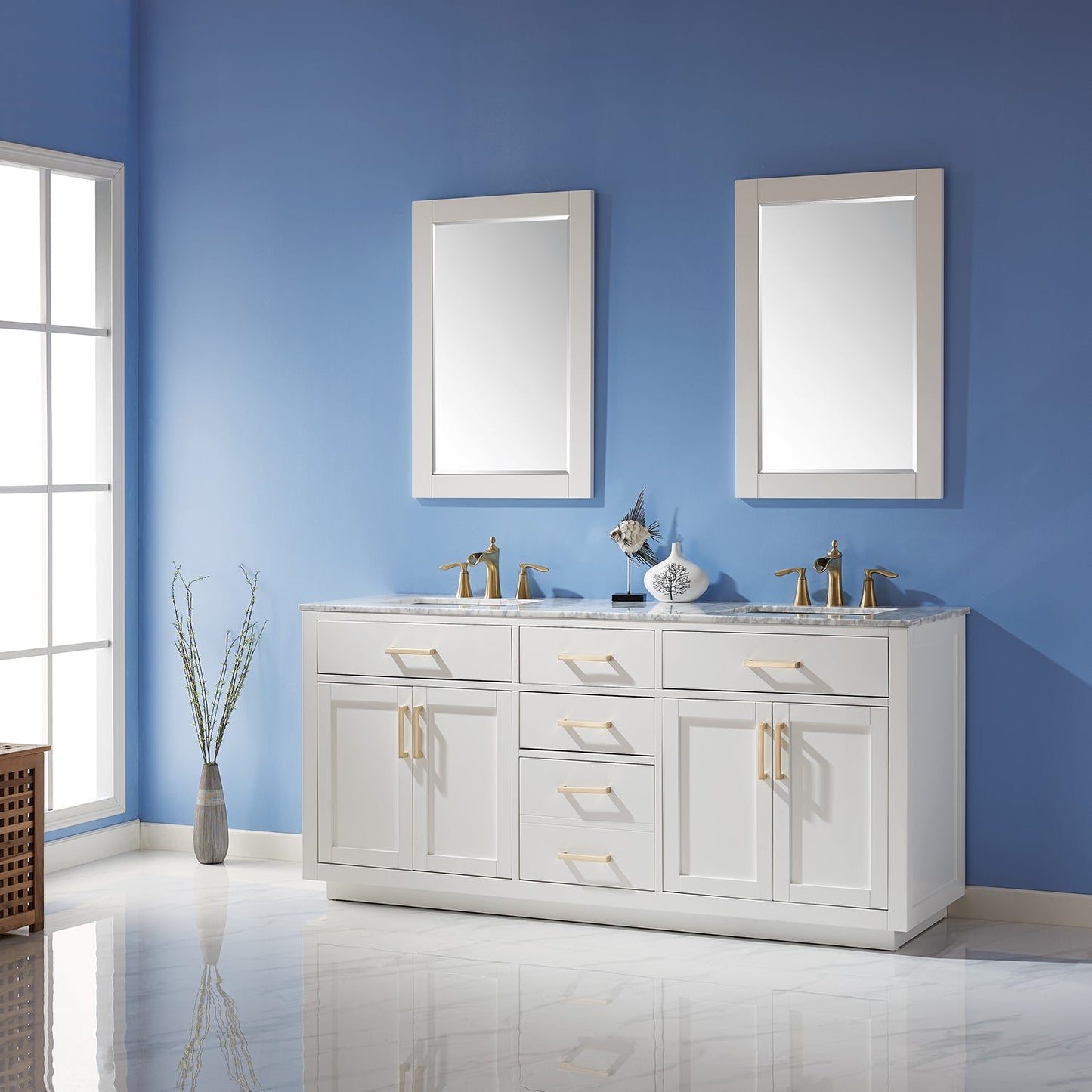 Ivy 72" Double Bathroom Vanity Set in White and Carrara White Marble Countertop with Mirror