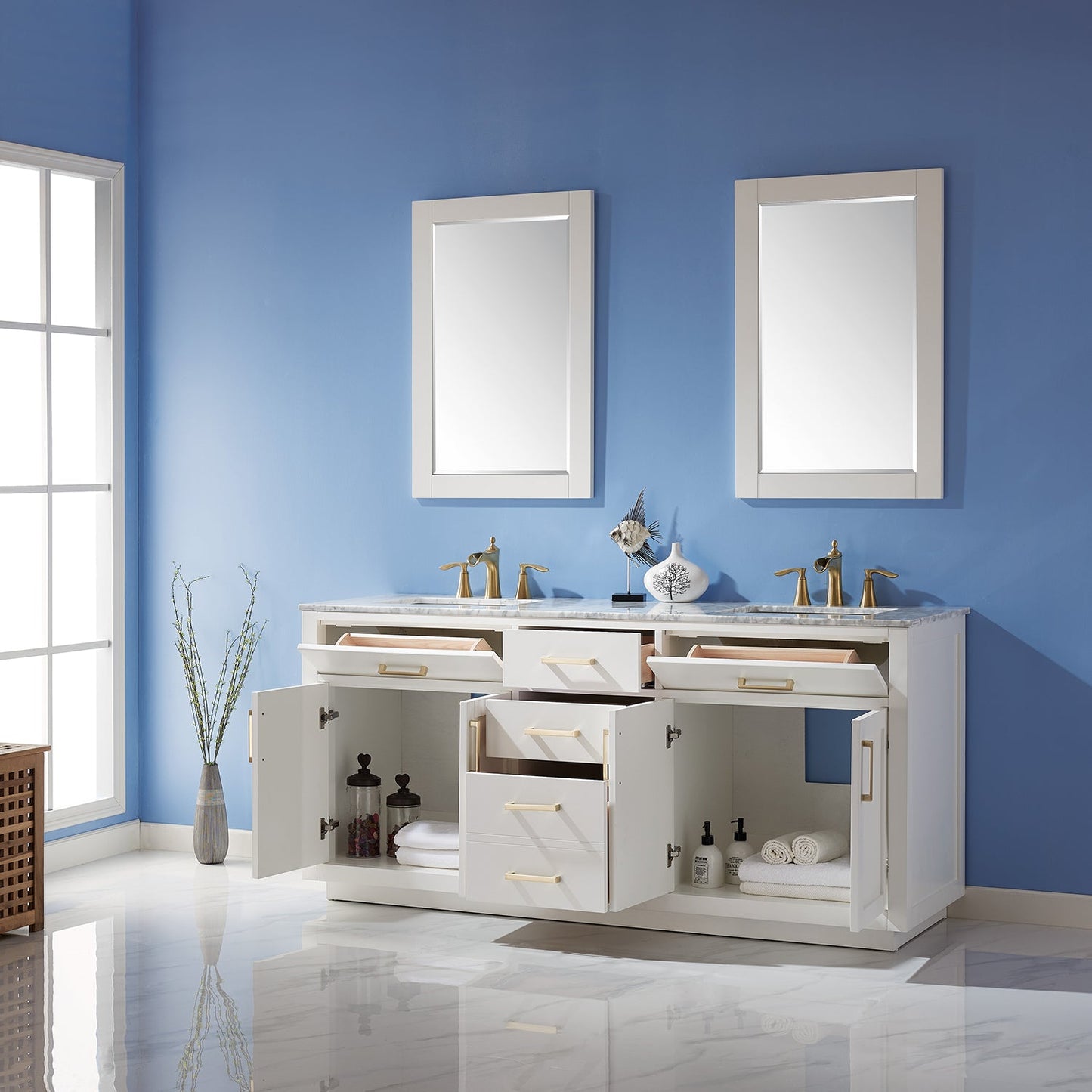 Ivy 72" Double Bathroom Vanity Set in White and Carrara White Marble Countertop with Mirror