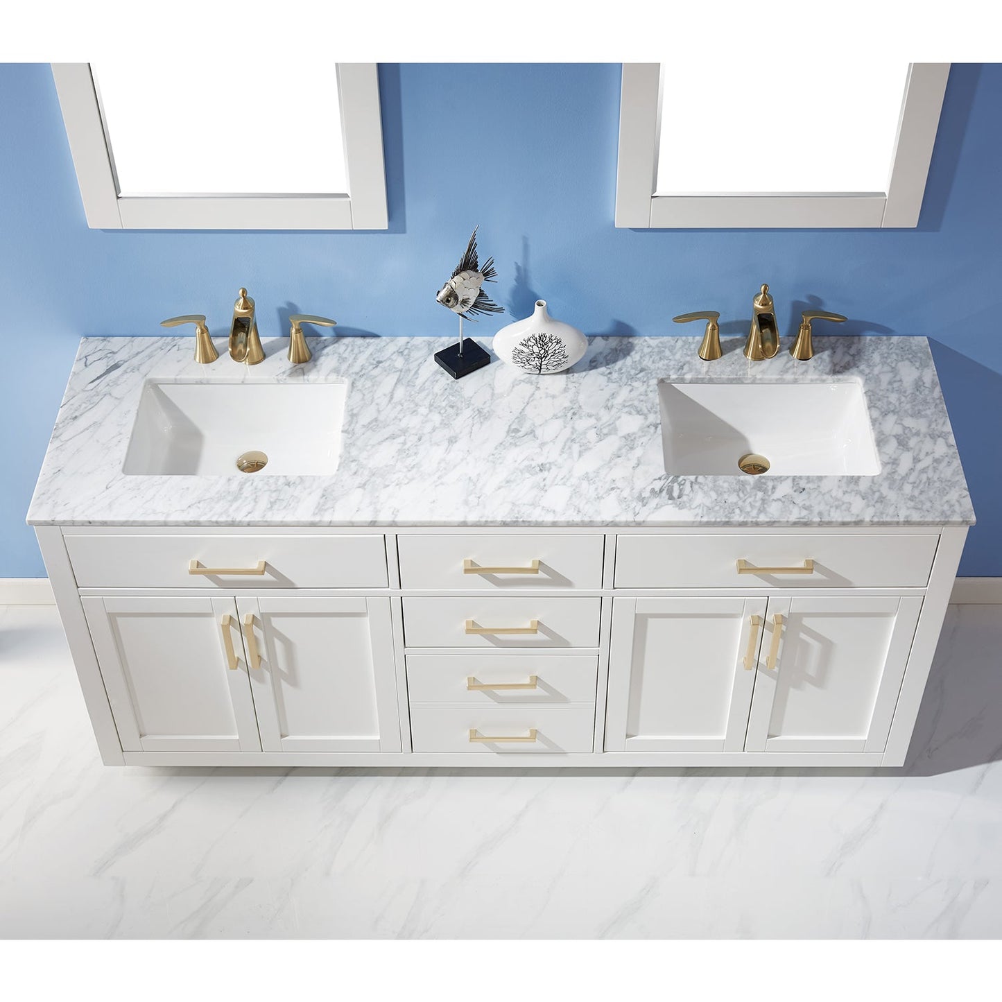 Ivy 72" Double Bathroom Vanity Set in White and Carrara White Marble Countertop with Mirror