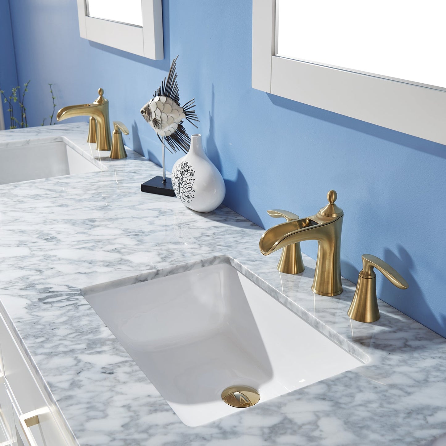 Ivy 72" Double Bathroom Vanity Set in White and Carrara White Marble Countertop with Mirror