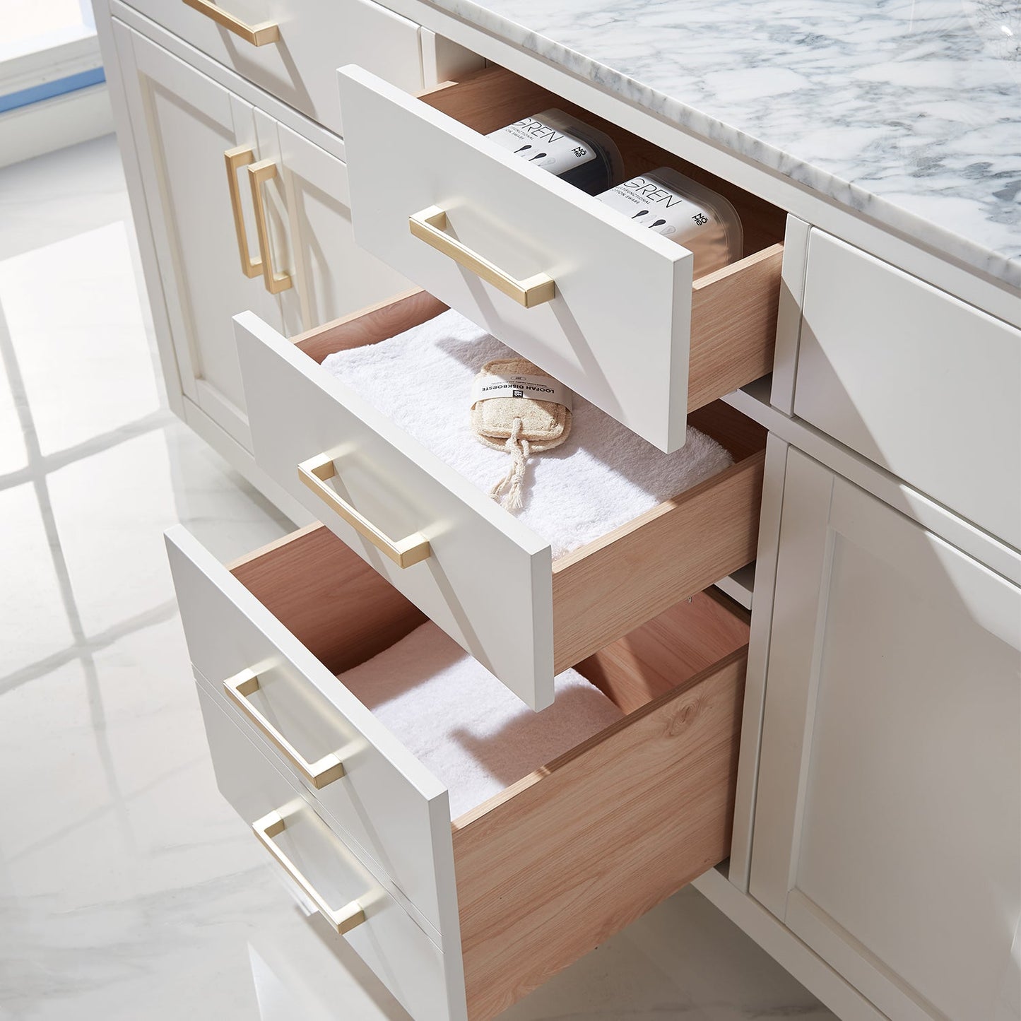 Ivy 72" Double Bathroom Vanity Set in White and Carrara White Marble Countertop with Mirror