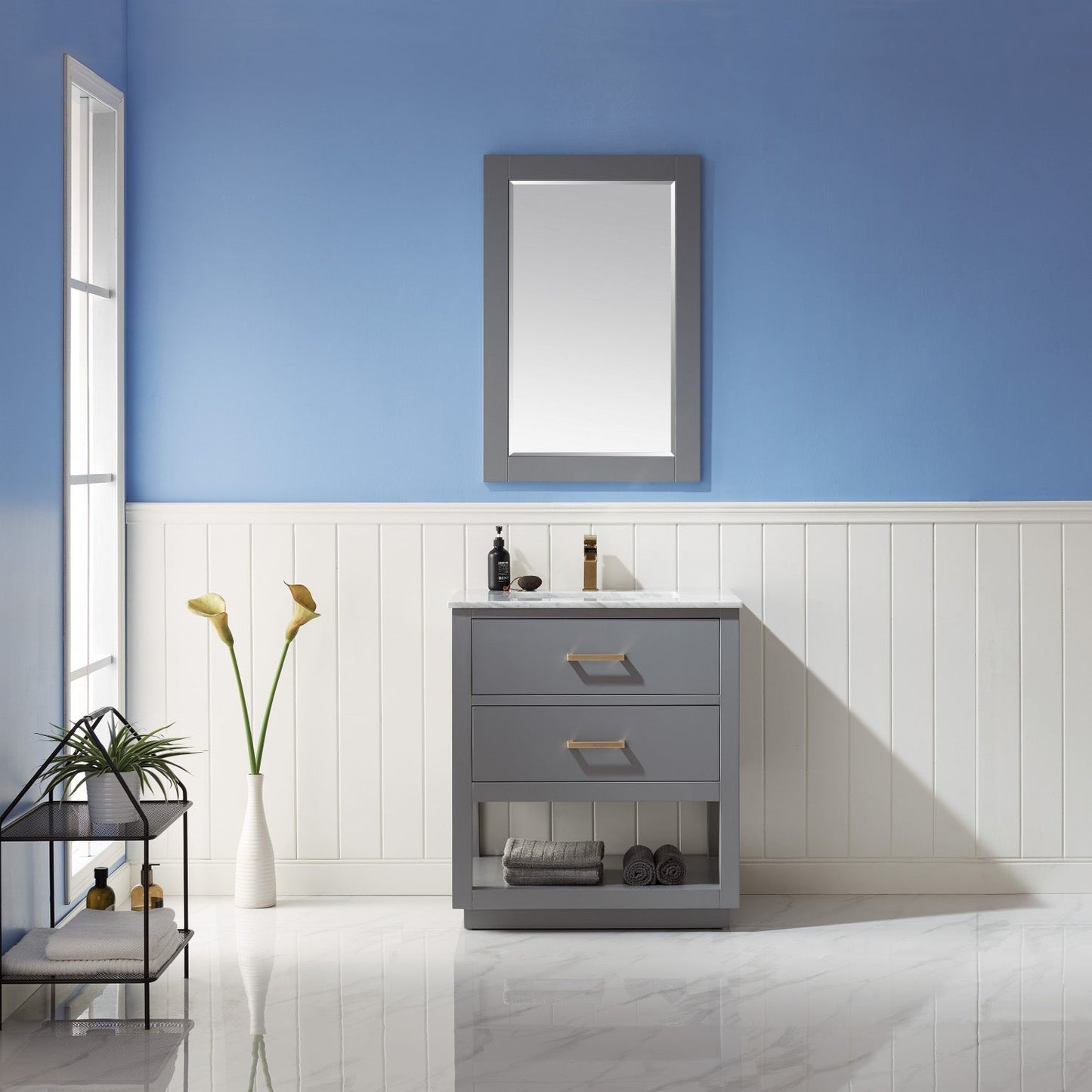 Remi 30" Single Bathroom Vanity Set in Gray and Carrara White Marble Countertop with Mirror