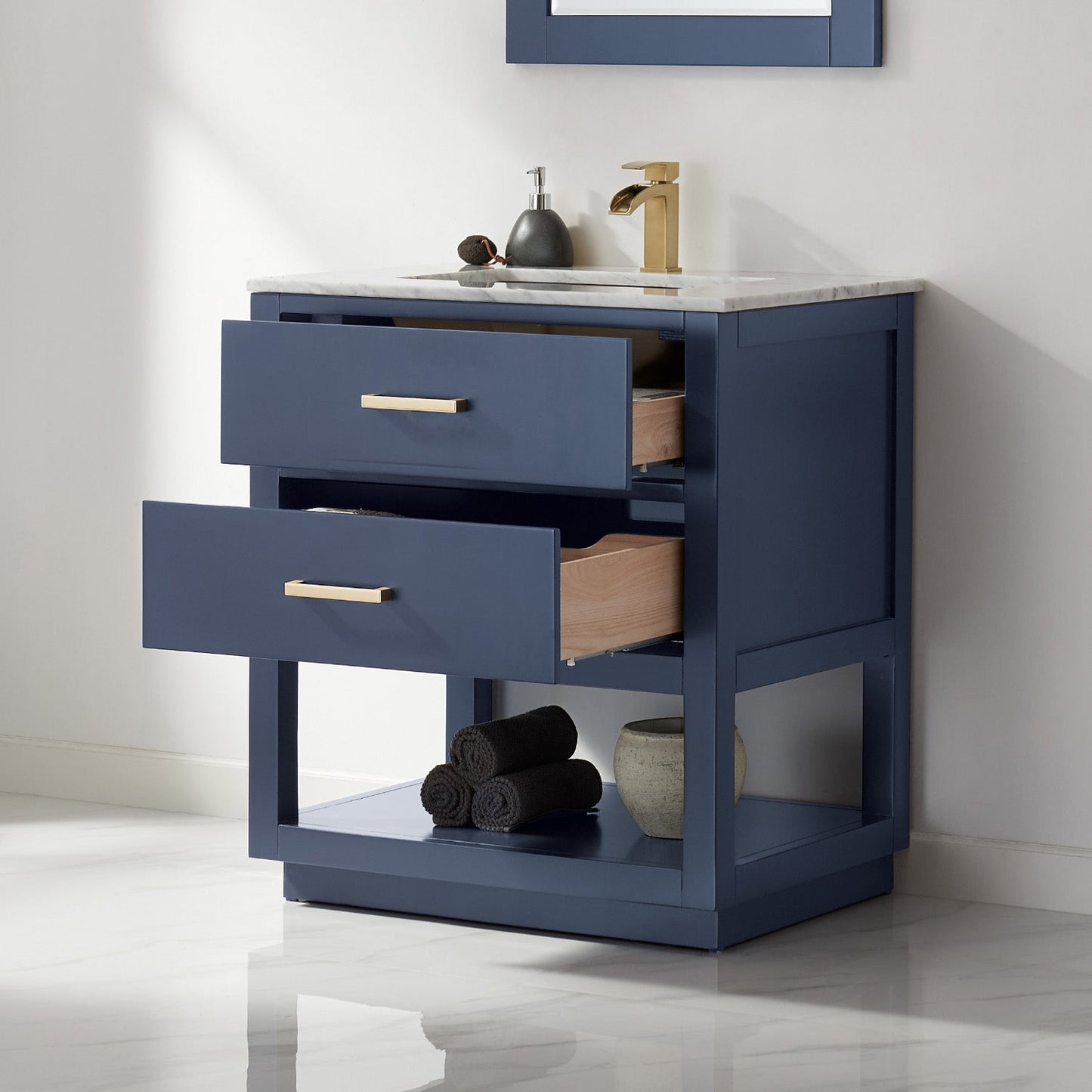 Remi 30" Single Bathroom Vanity Set in Royal Blue and Carrara White Marble Countertop with Mirror
