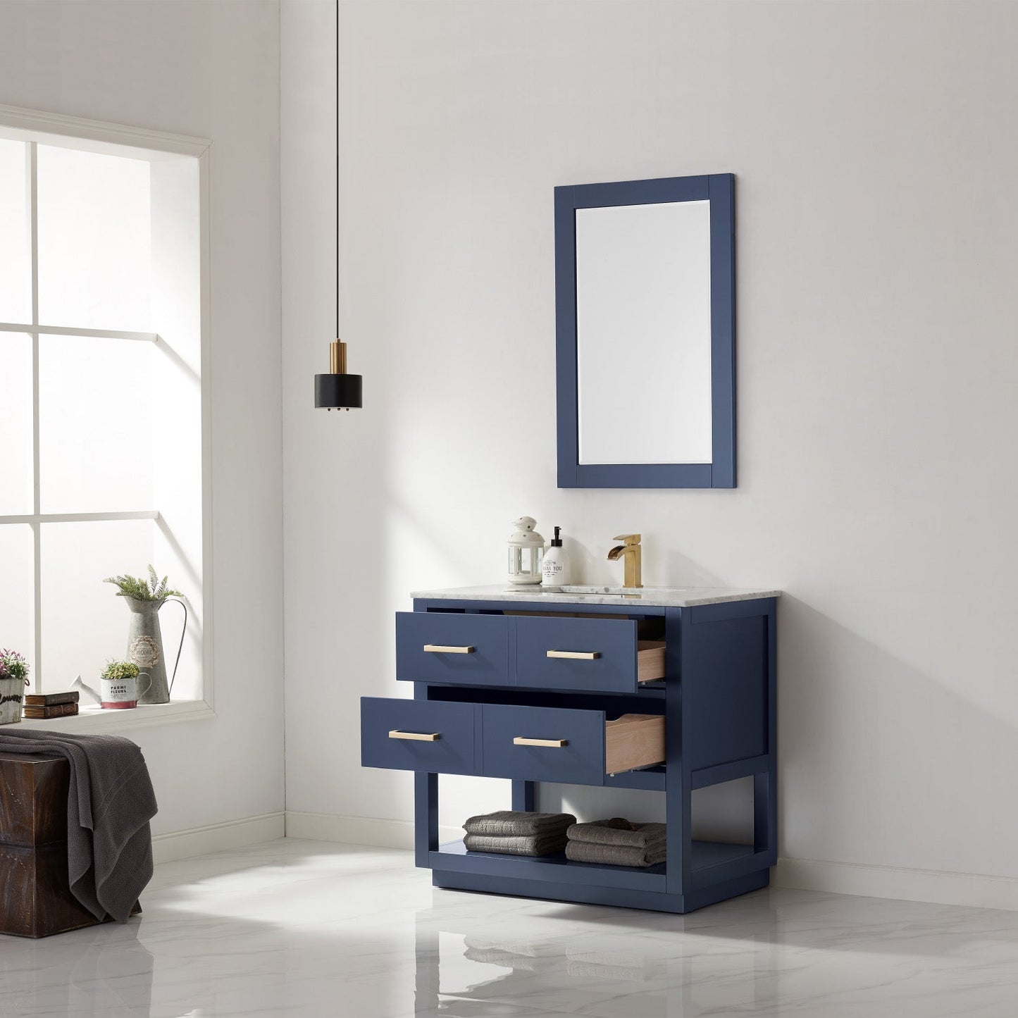 Remi 36" Single Bathroom Vanity Set in Royal Blue and Carrara White Marble Countertop with Mirror