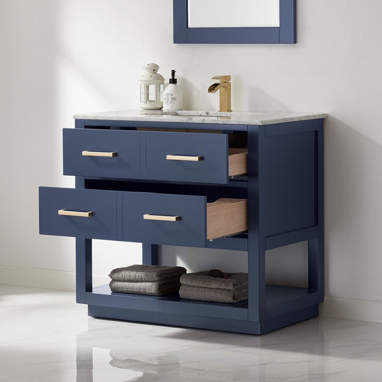 Remi 36" Single Bathroom Vanity Set in Royal Blue and Carrara White Marble Countertop with Mirror