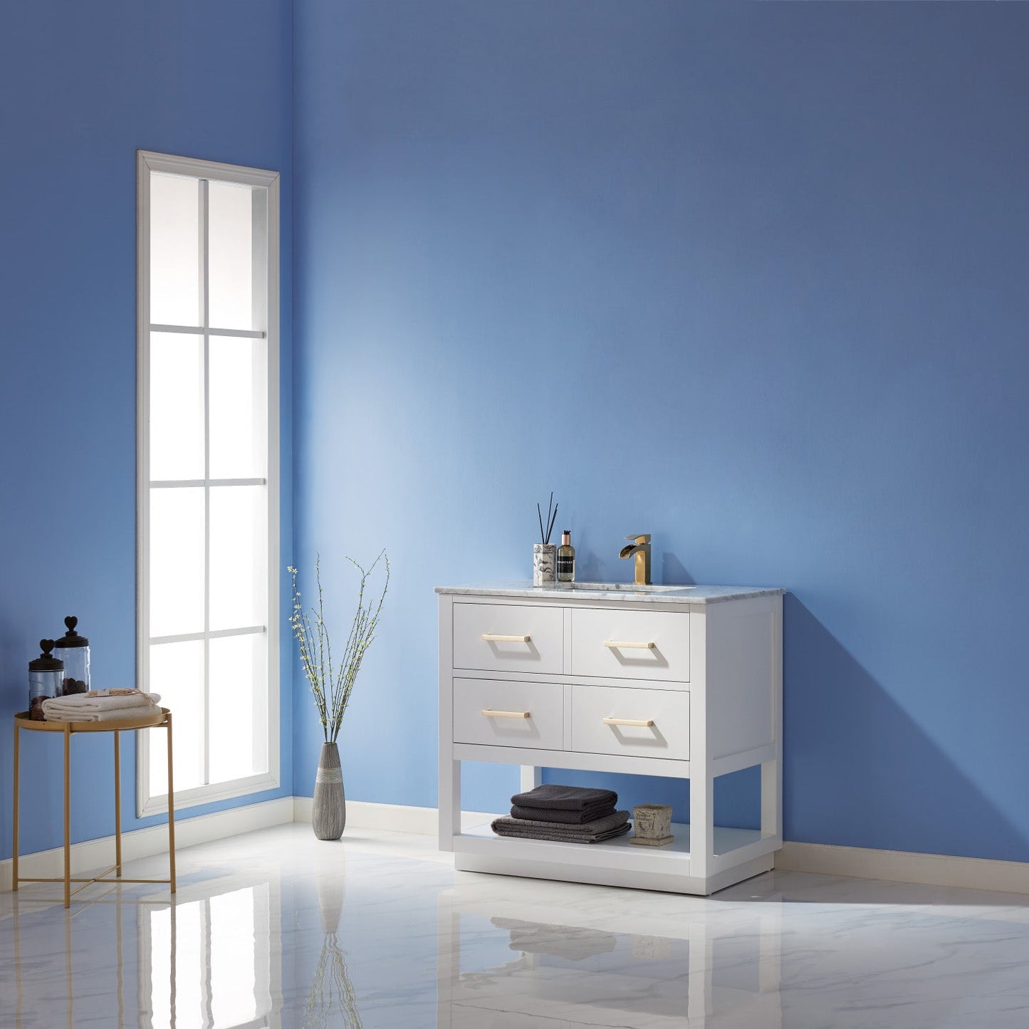 Remi 36" Single Bathroom Vanity Set in White and Carrara White Marble Countertop without Mirror