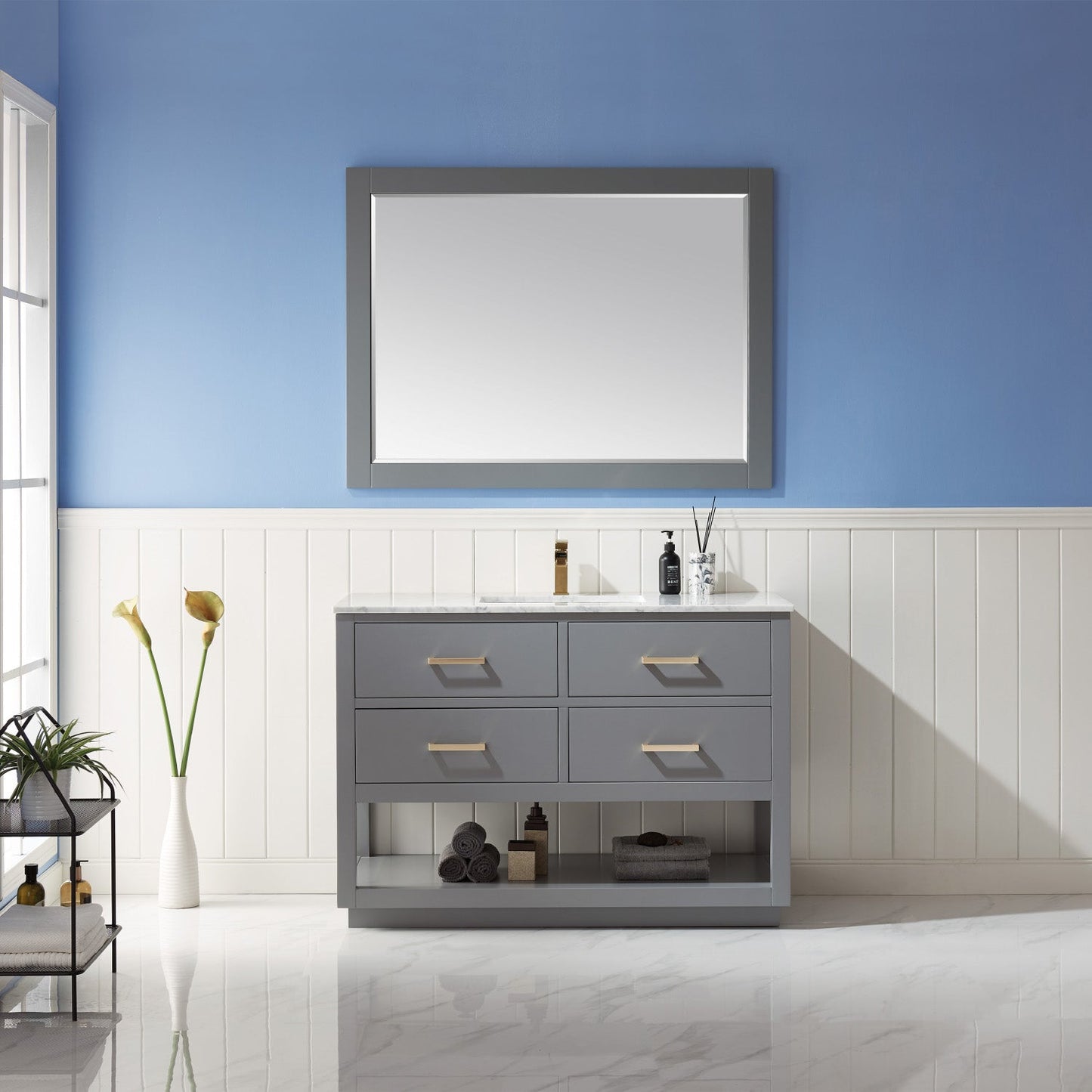 Remi 48" Single Bathroom Vanity Set in Gray and Carrara White Marble Countertop with Mirror