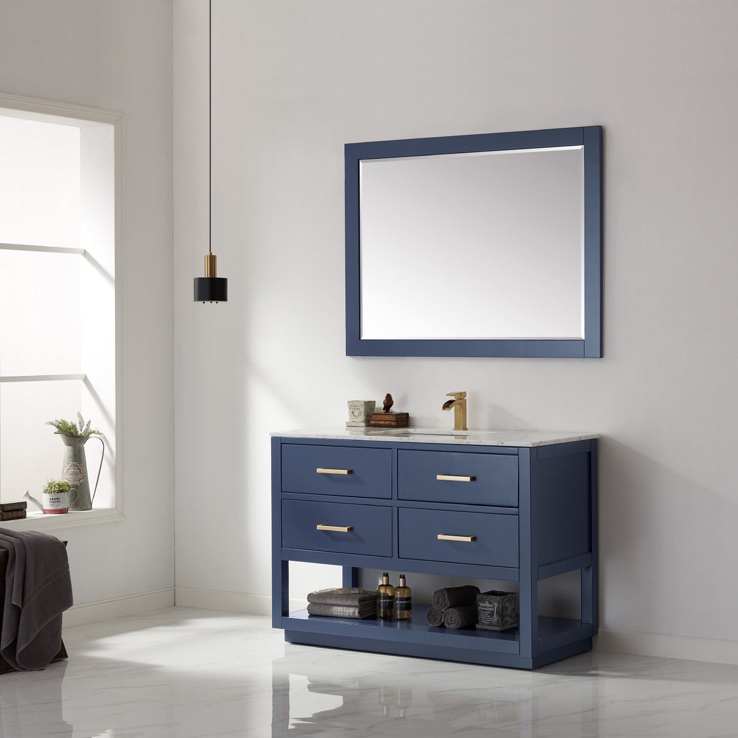 Remi 48" Single Bathroom Vanity Set in Royal Blue and Carrara White Marble Countertop with Mirror