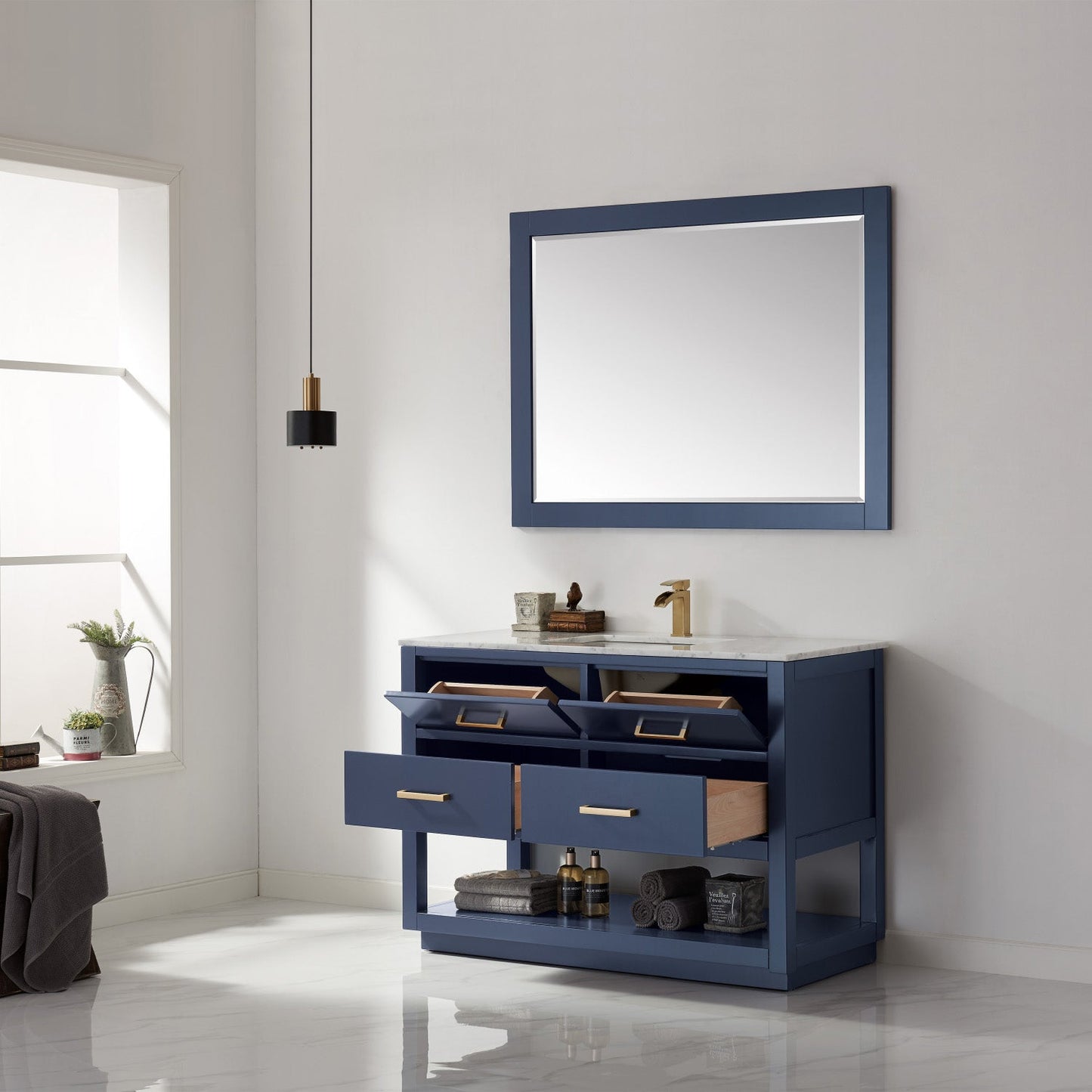 Remi 48" Single Bathroom Vanity Set in Royal Blue and Carrara White Marble Countertop with Mirror
