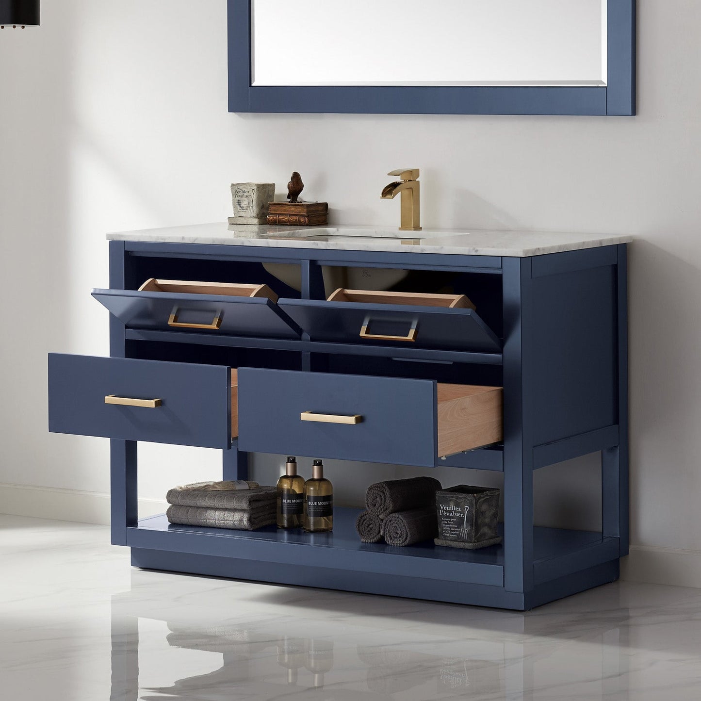Remi 48" Single Bathroom Vanity Set in Royal Blue and Carrara White Marble Countertop with Mirror