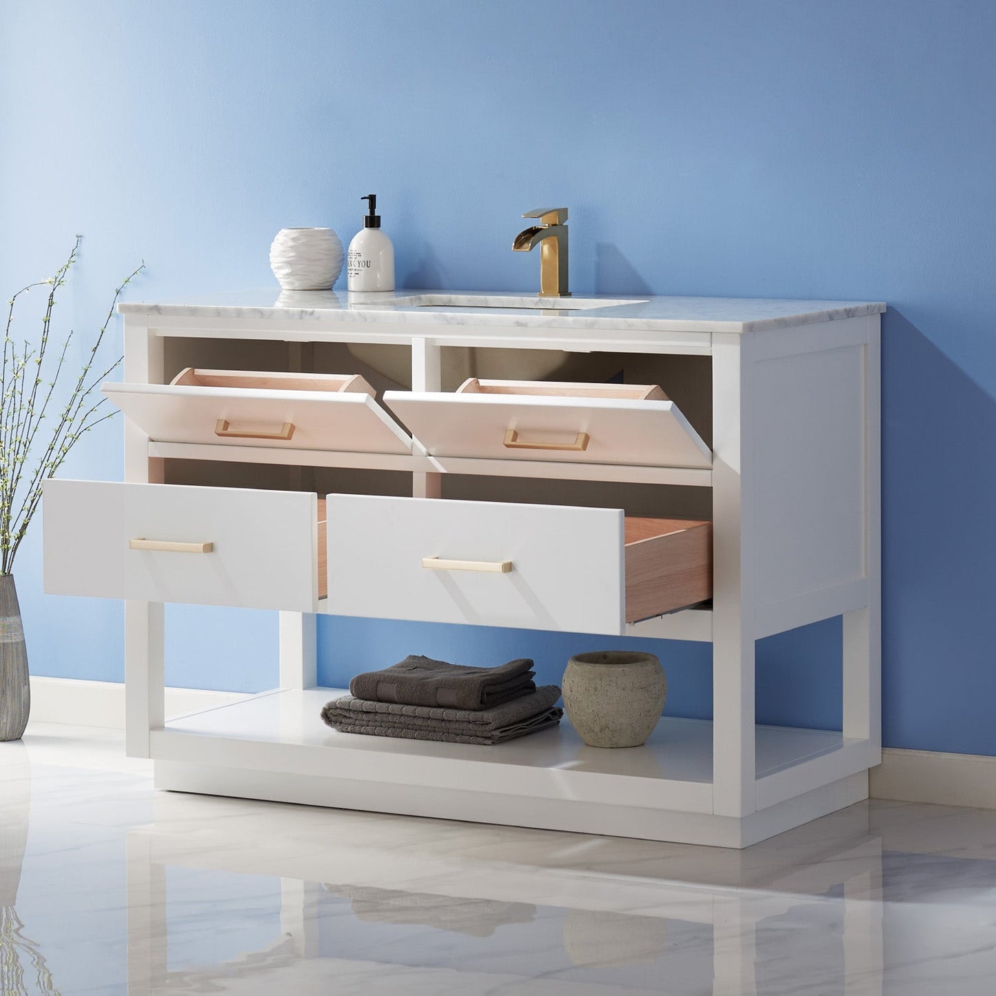 Remi 48" Single Bathroom Vanity Set in White and Carrara White Marble Countertop without Mirror