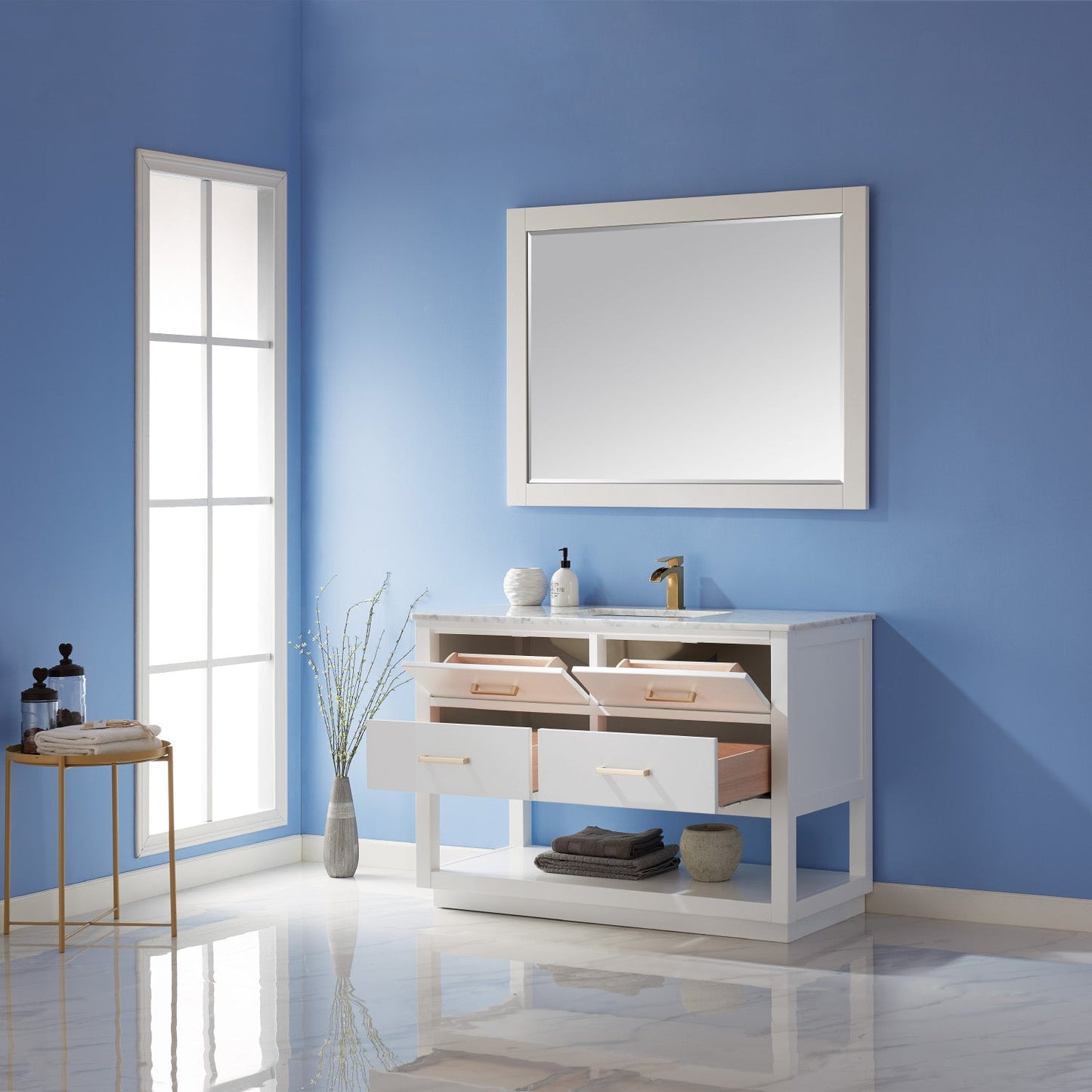 Remi 48" Single Bathroom Vanity Set in White and Carrara White Marble Countertop with Mirror