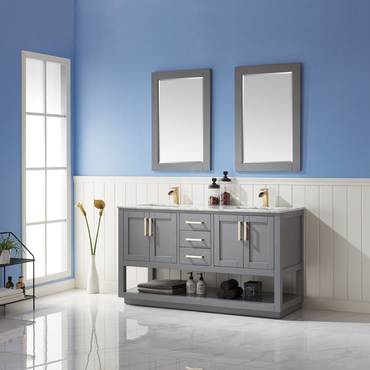 Remi 60" Double Bathroom Vanity Set in Gray and Carrara White Marble Countertop with Mirror