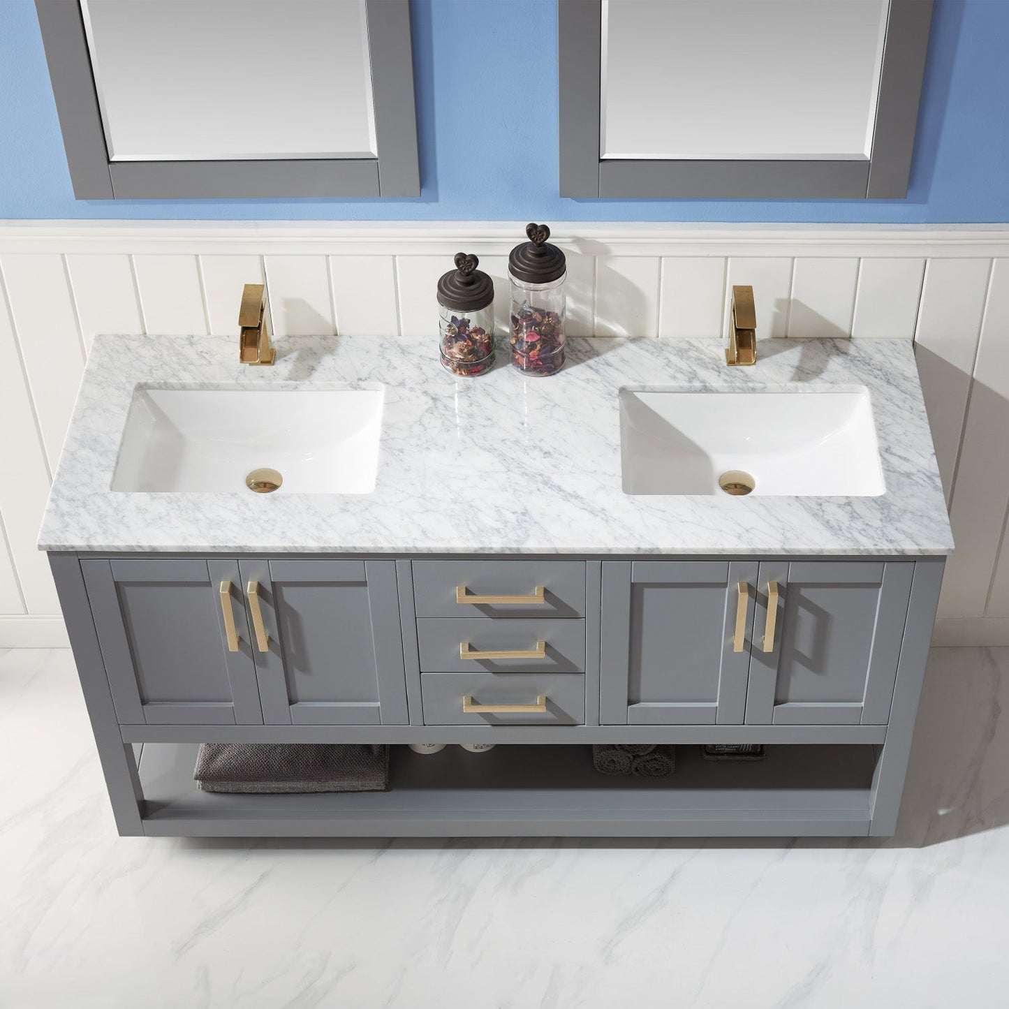 Remi 60" Double Bathroom Vanity Set in Gray and Carrara White Marble Countertop with Mirror