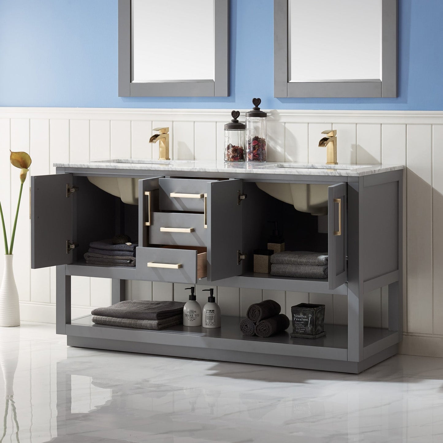 Remi 60" Double Bathroom Vanity Set in Gray and Carrara White Marble Countertop with Mirror